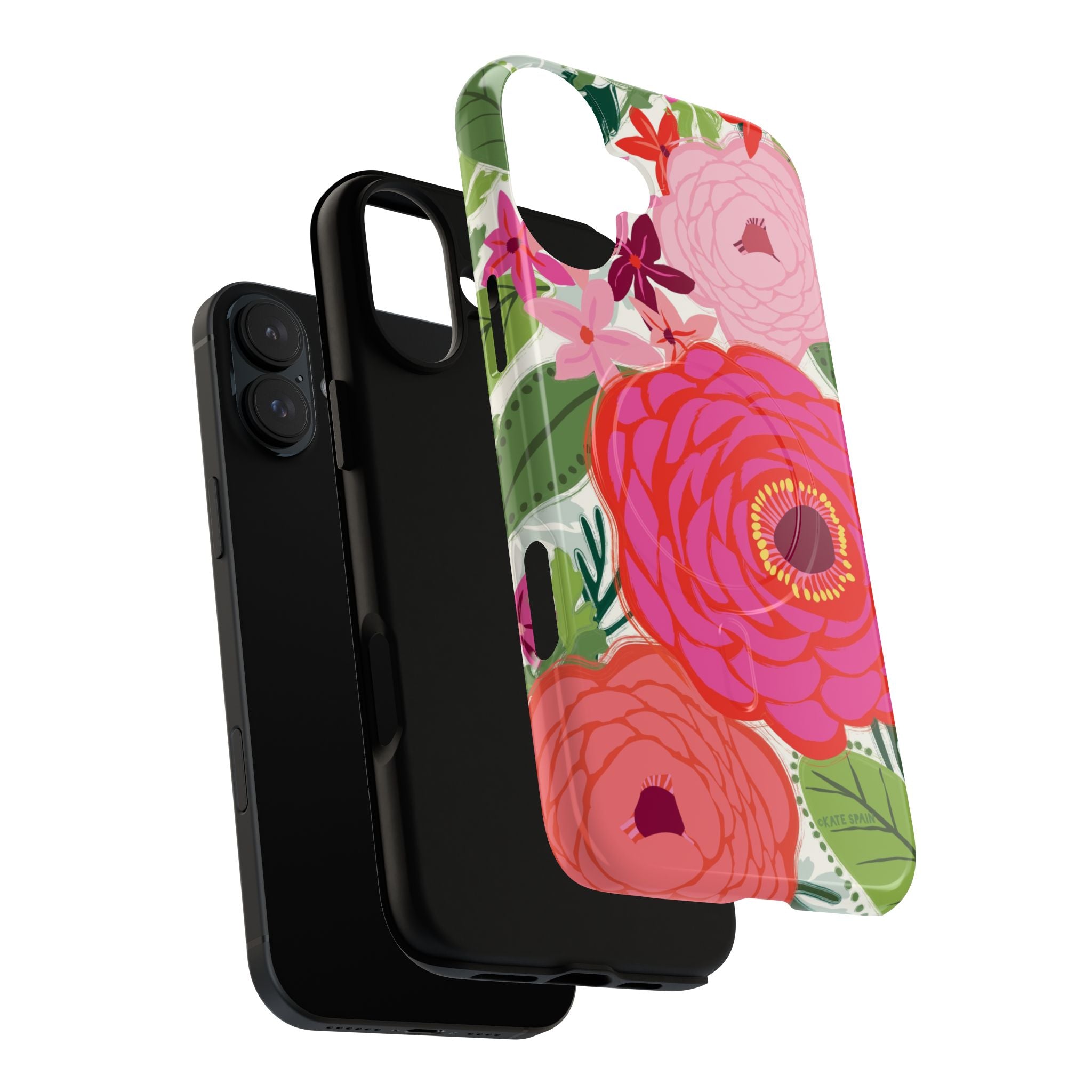 Bloomerie Fuchsia MagSafe iPhone 17 Case – Dual-layered view of case and inner lining in front of phone, with view of camera cutout and buttons | cream, magenta, coral botanical peony floral print