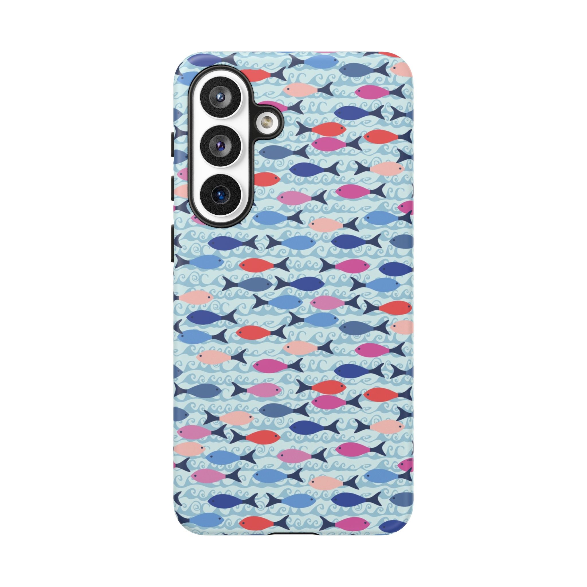 Summer Minnows Samsung Galaxy S26 Plus Case – Matte | navy, coral, pink, and periwinkle fish on a pale aqua ground
