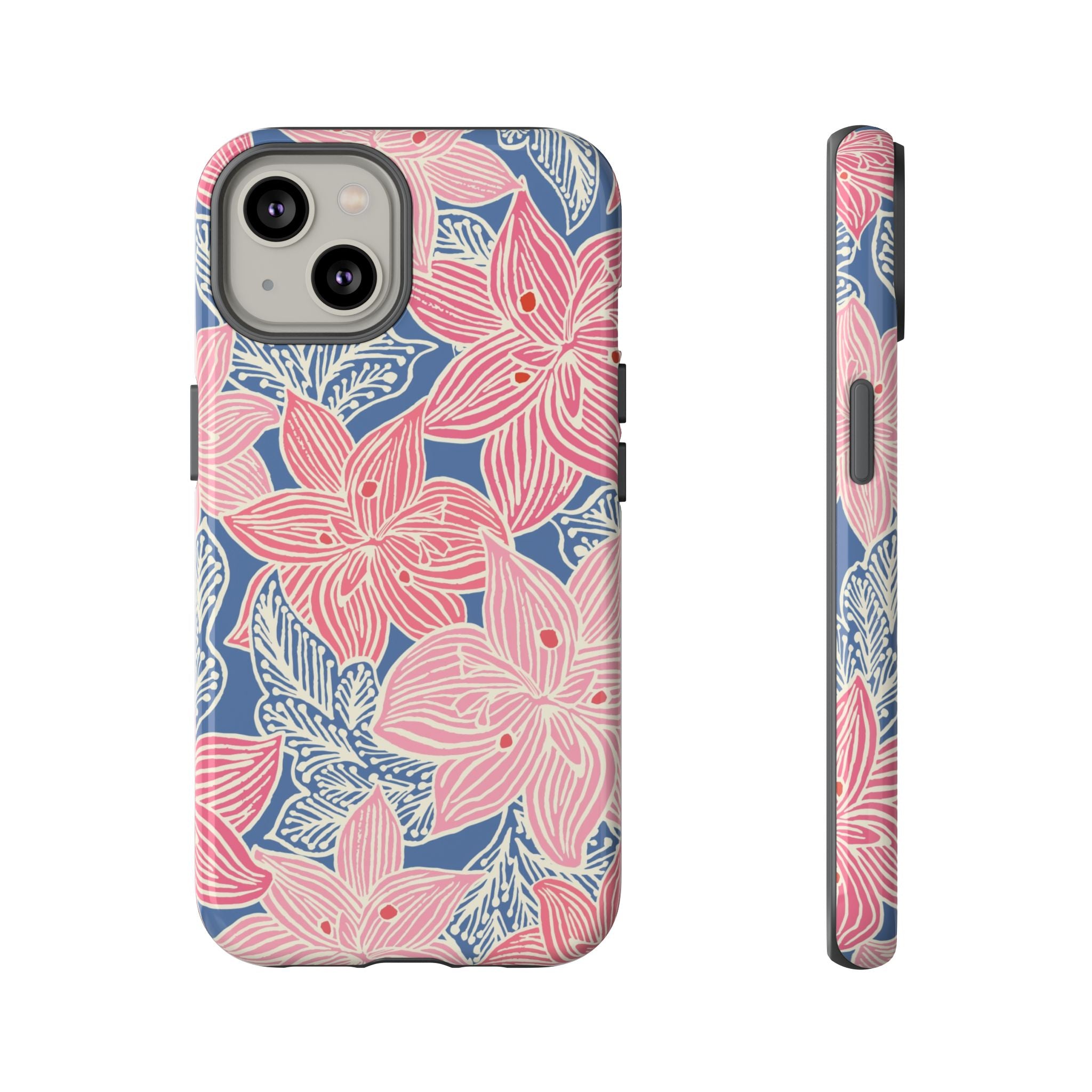 Hibiscus Lagoon Tough iPhone 14 Case – Glossy | coral, blush, cream, dusty blue hibiscus botanical print