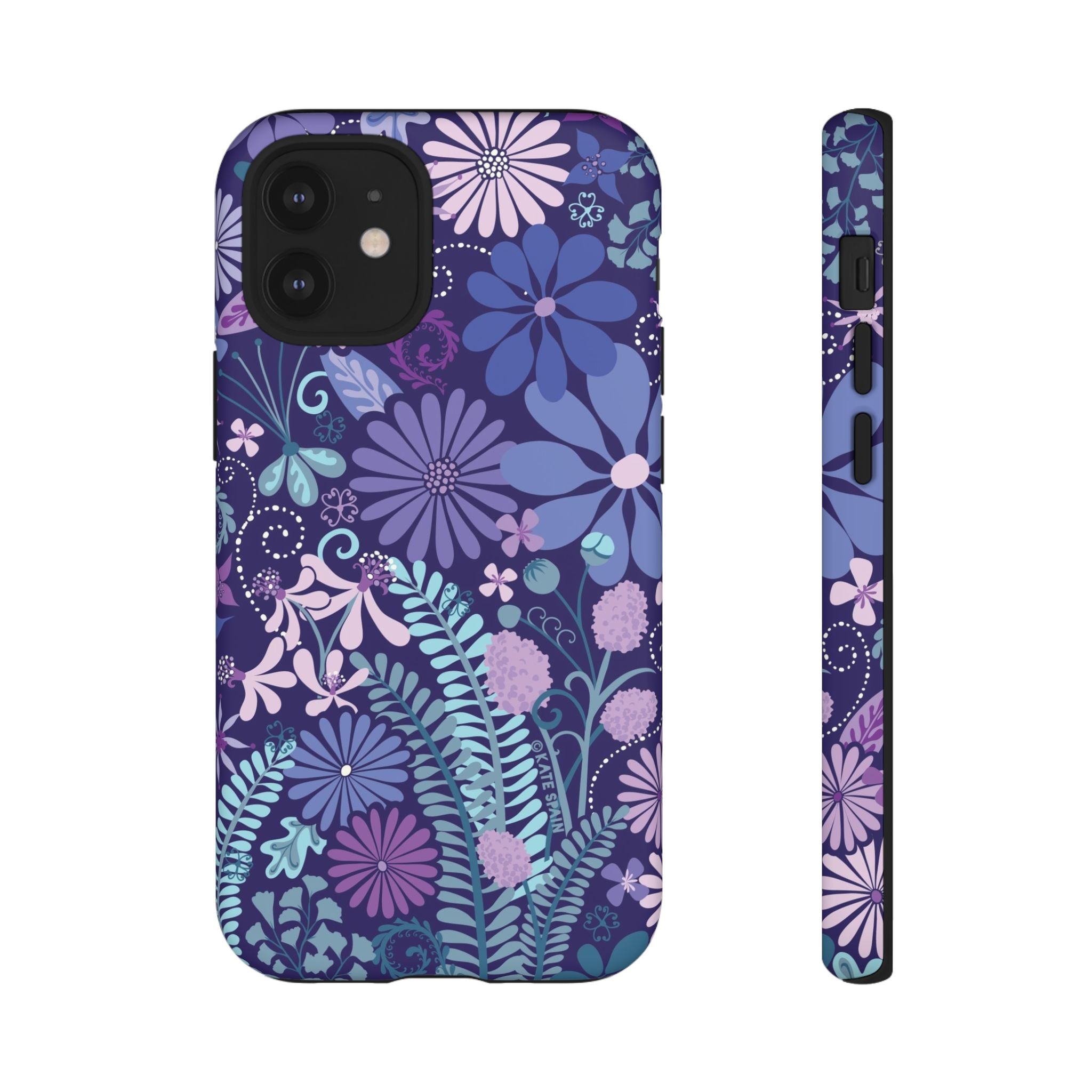 Luxury Terrain Tough iPhone 12 Mini Case – Matte | navy, purple, aqua botanical woodland floral print