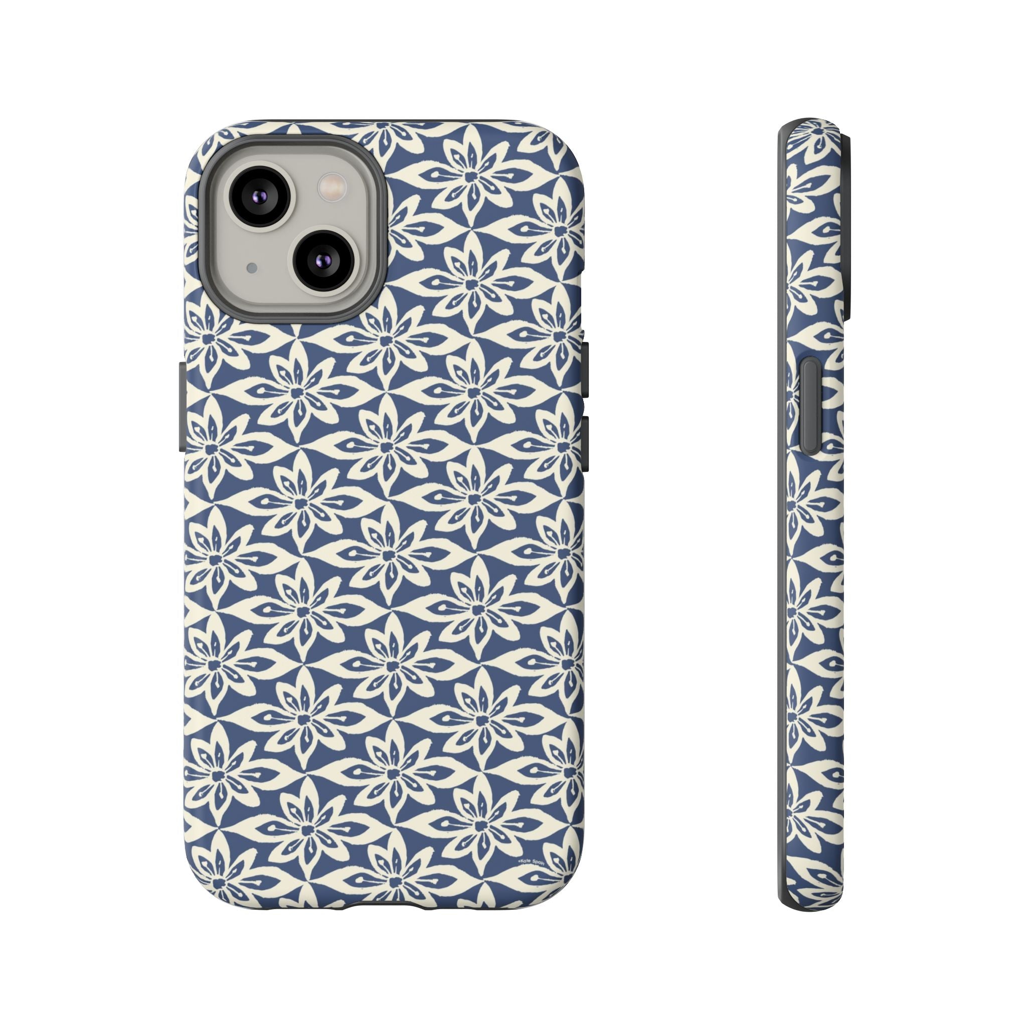 Lily Navy Blue iPhone 14 Matte case — geometric cream lily print on navy blue by Kate Spain