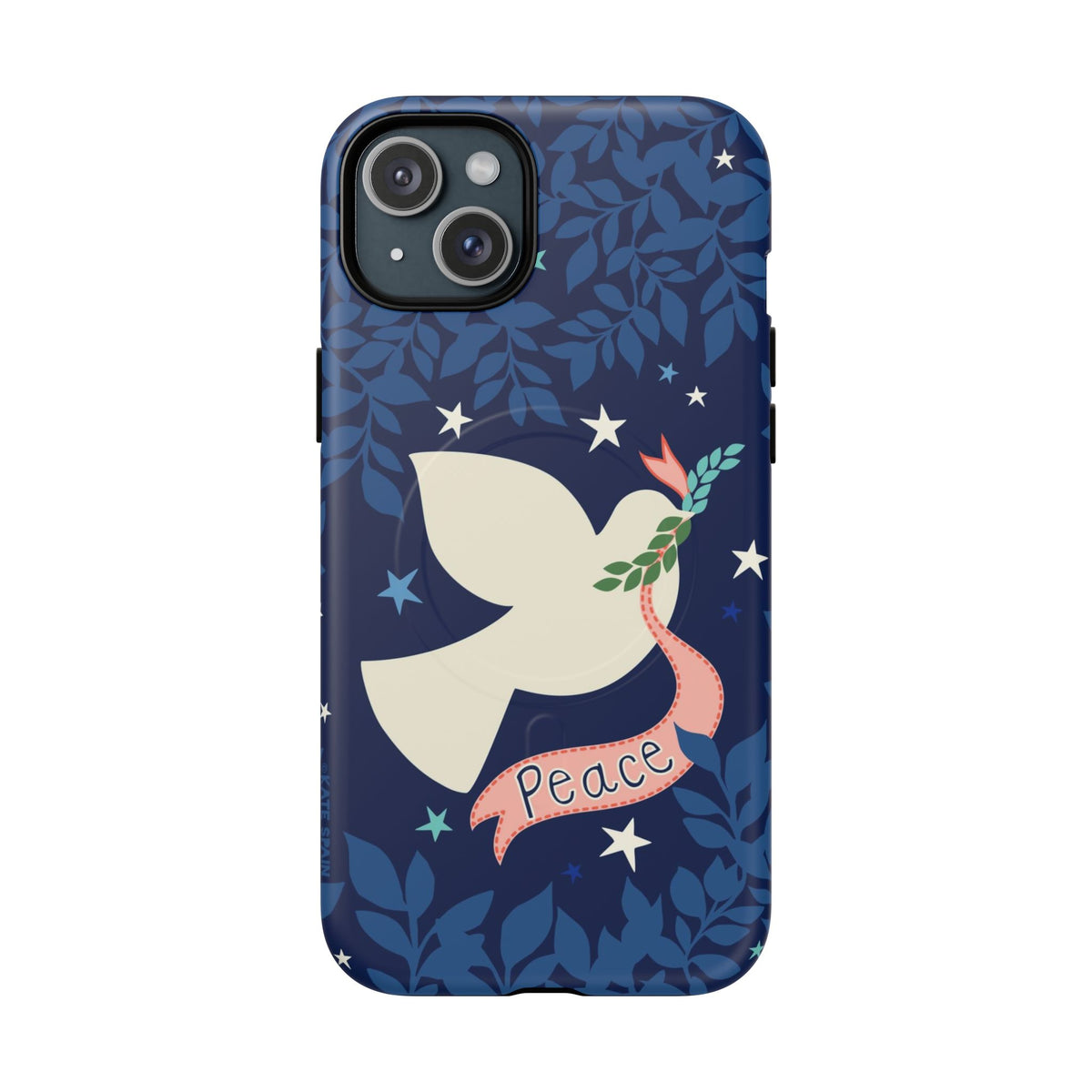 Peace MagSafe iPhone 15 Plus Case – Matte | navy, cream peace dove, stars, botanical print