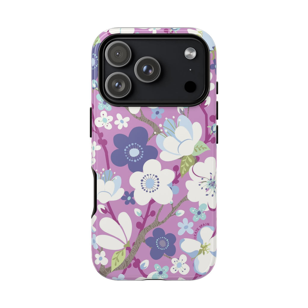 Purple Cherry Blossom Tough iPhone 17 Pro Case – Glossy | mauve, purple, blue, white cherry blossom print