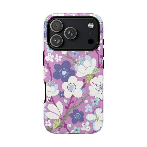 Luxury Cherry Blossom Tough iPhone 17 Pro Case – Glossy | mauve, purple, blue, white cherry blossom print