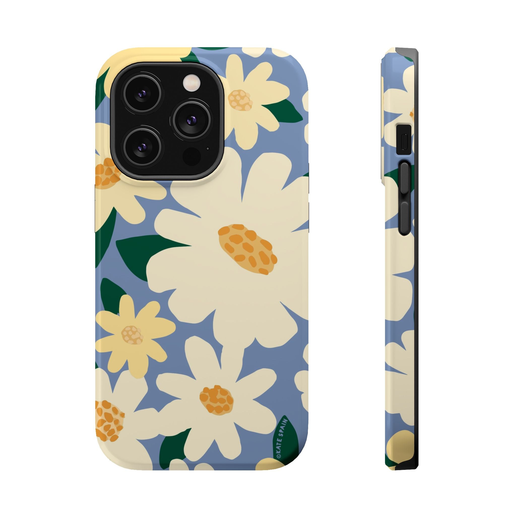 Chamomile MagSafe iPhone 14 Pro Case – Glossy | periwinkle, cream, yellow botanical daisy floral print MagSafe compatible, dual-layer protection