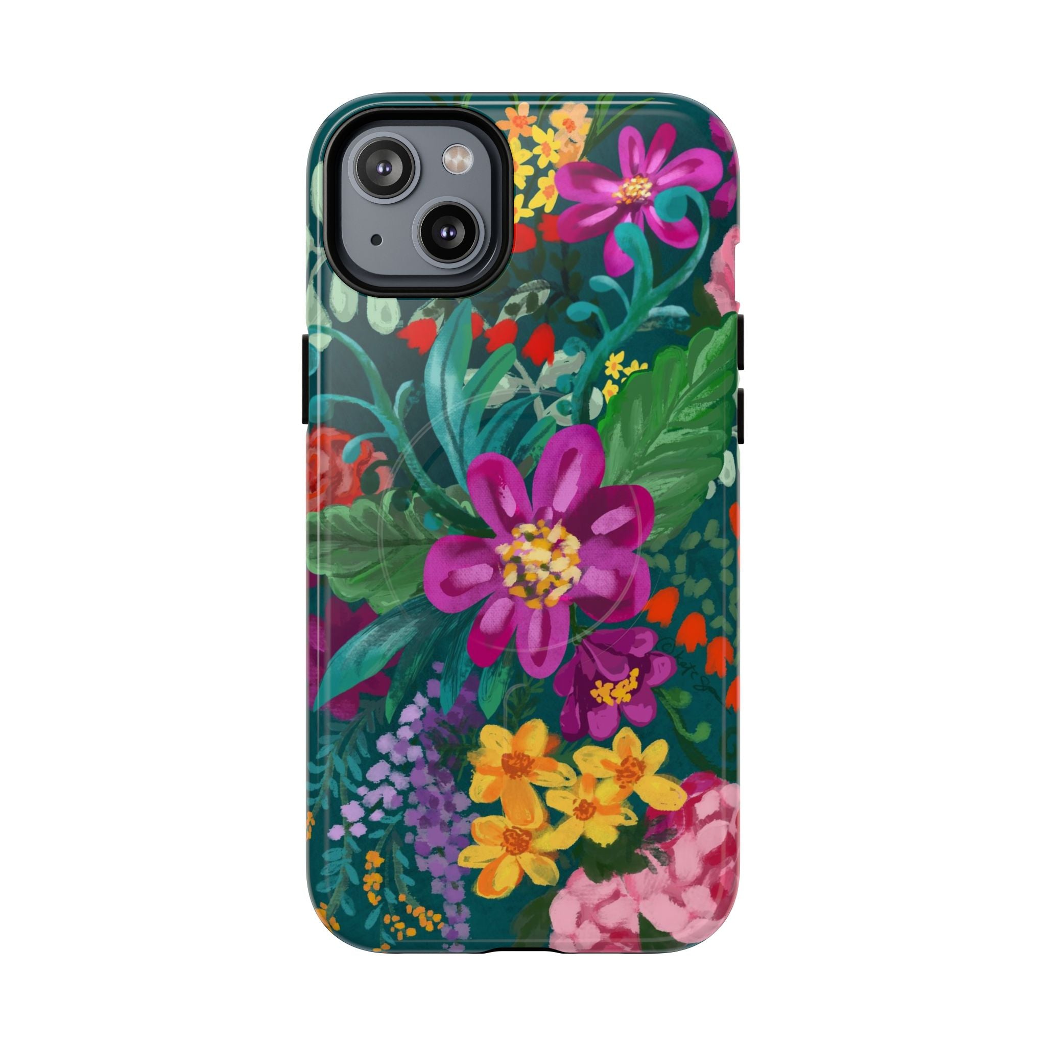 Posy MagSafe iPhone 14 Plus Case – Glossy | teal, purple, magenta, yellow botanical wildflower print