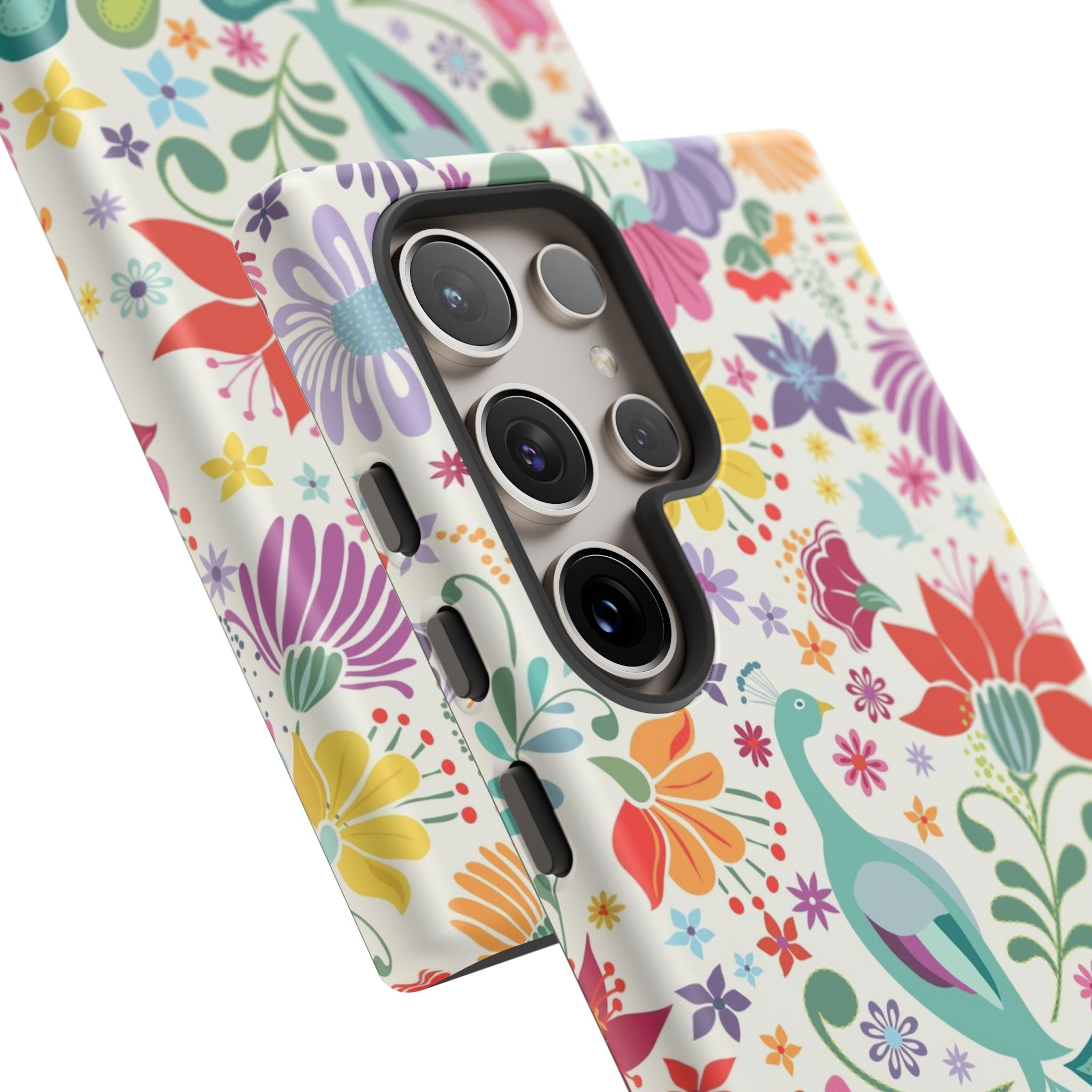 Luxury Peacock Sanctuary Samsung Galaxy S24 Ultra Case – Glossy | 5 camera lenses in case in white, teal, coral multicolor vibrant peacock feather botanical print