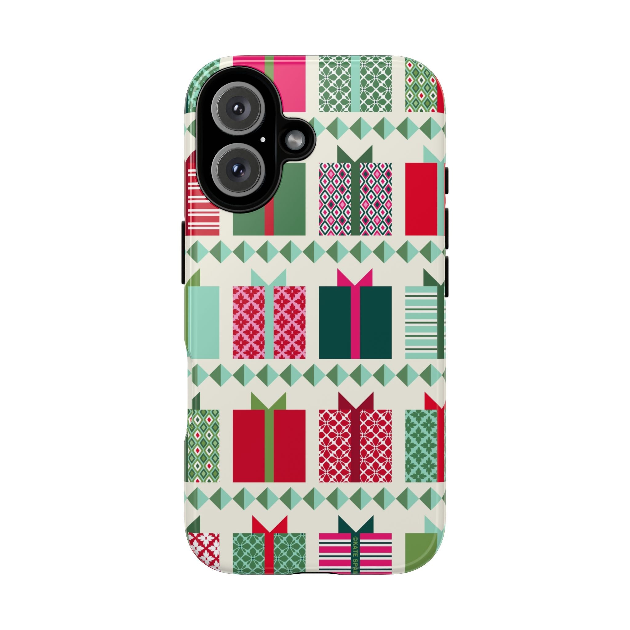 All Wrapped Up Tough iPhone 16 Case – Glossy | cream, red, pink, green, mint geometric gift wrap holiday print