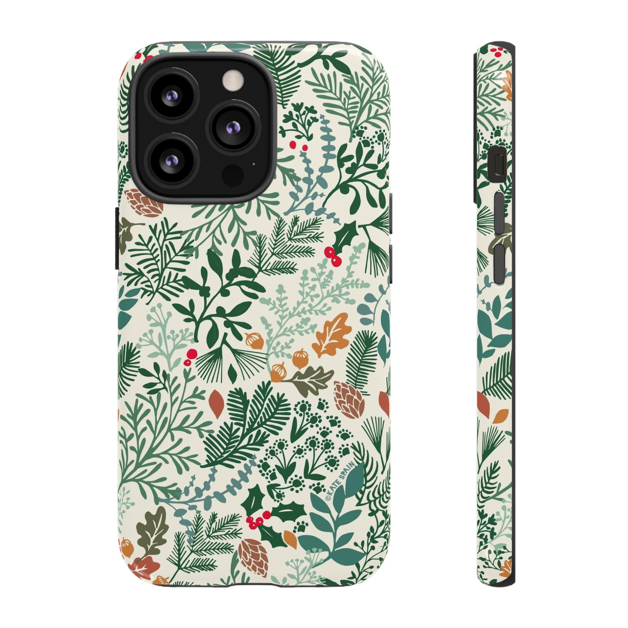 Juniper Tough iPhone 13 Pro Case – Glossy | cream, green, red botanical woodland print