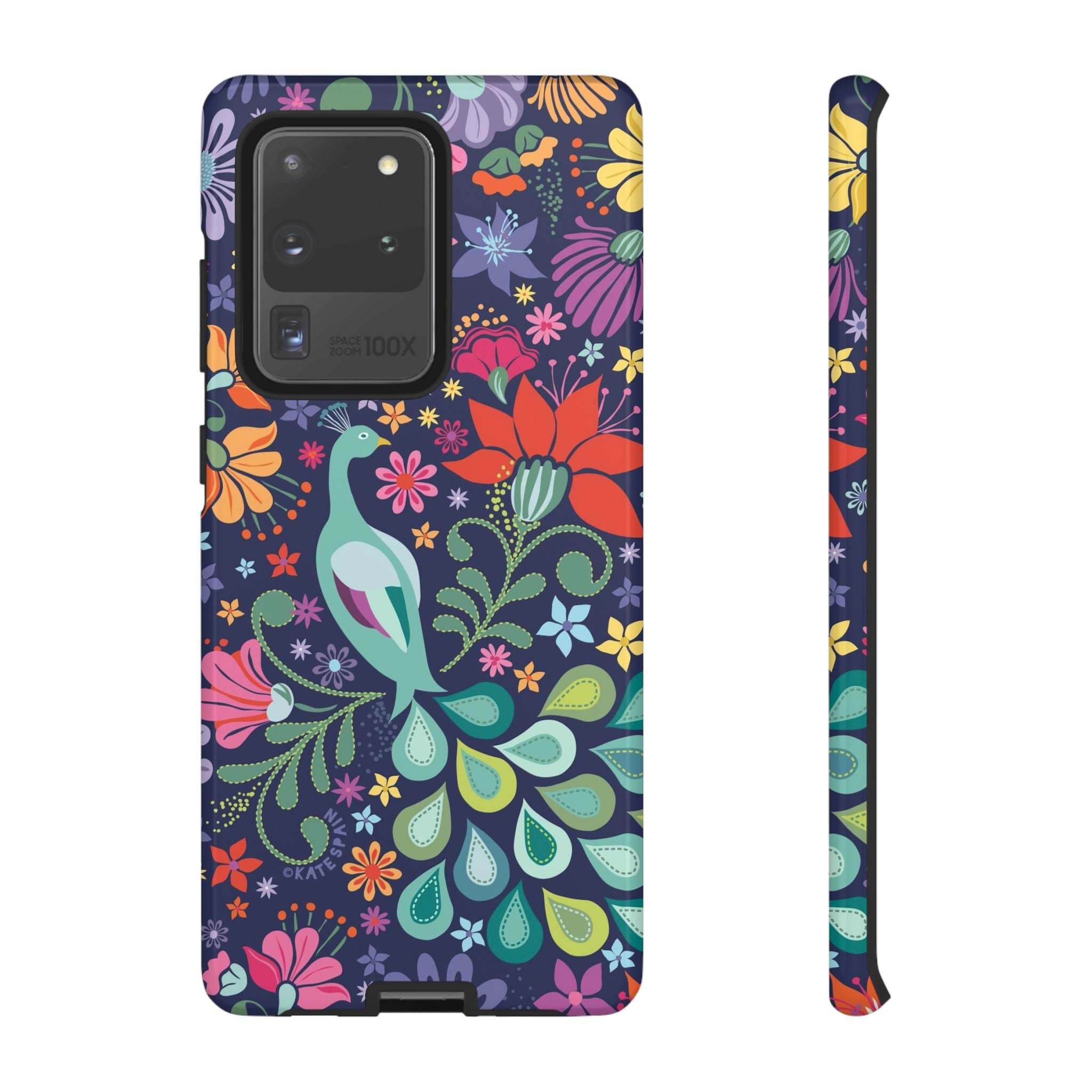 Luxury Peacock Sanctuary Samsung Galaxy S20 Ultra Case – Glossy | navy, teal, coral multicolor vibrant peacock feather botanical print