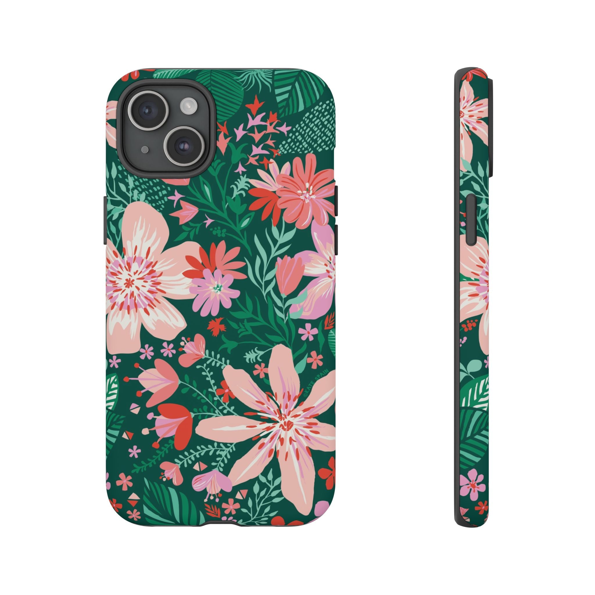 Bonaire Tough iPhone 15 Plus Case – Matte | jade, pink, white tropical floral botanical print