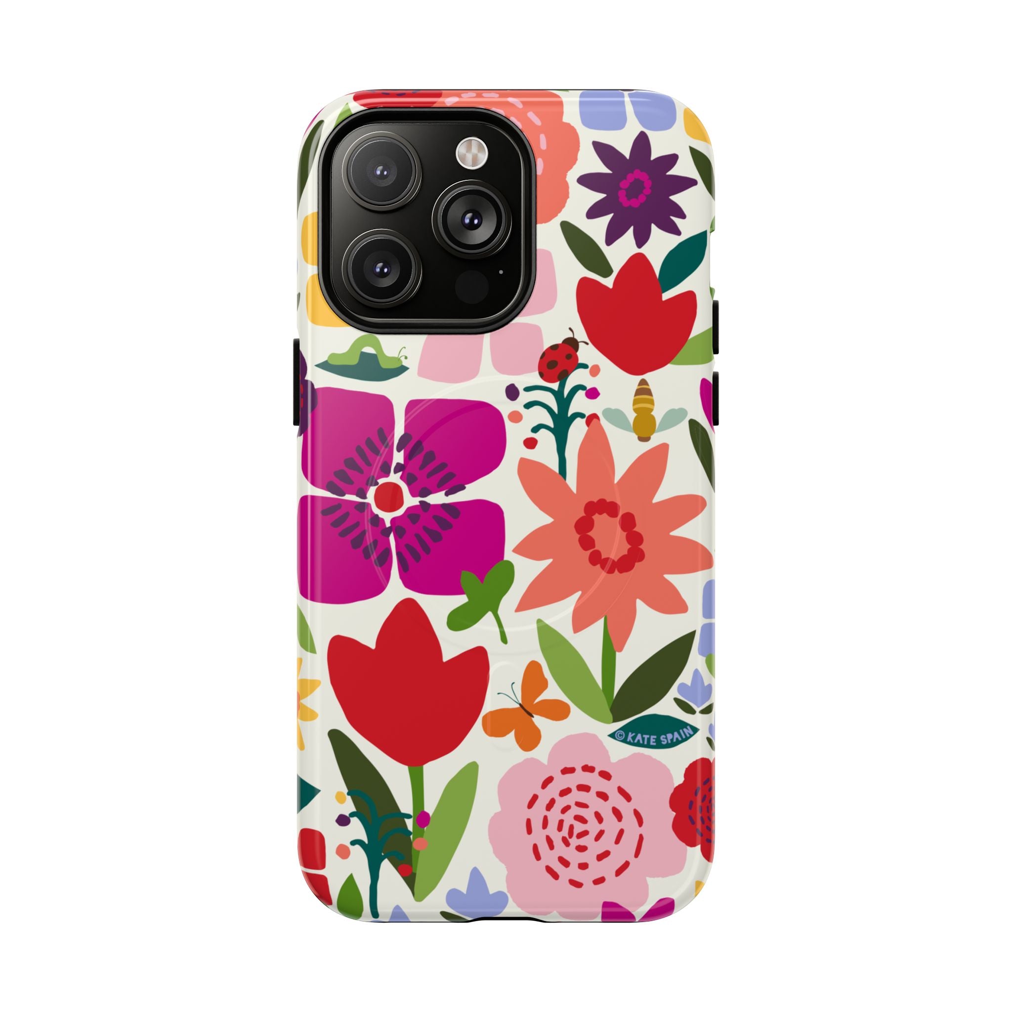 Happy Blooms MagSafe iPhone 14 Pro Max Case – Glossy | cream, red, magenta, coral botanical floral print