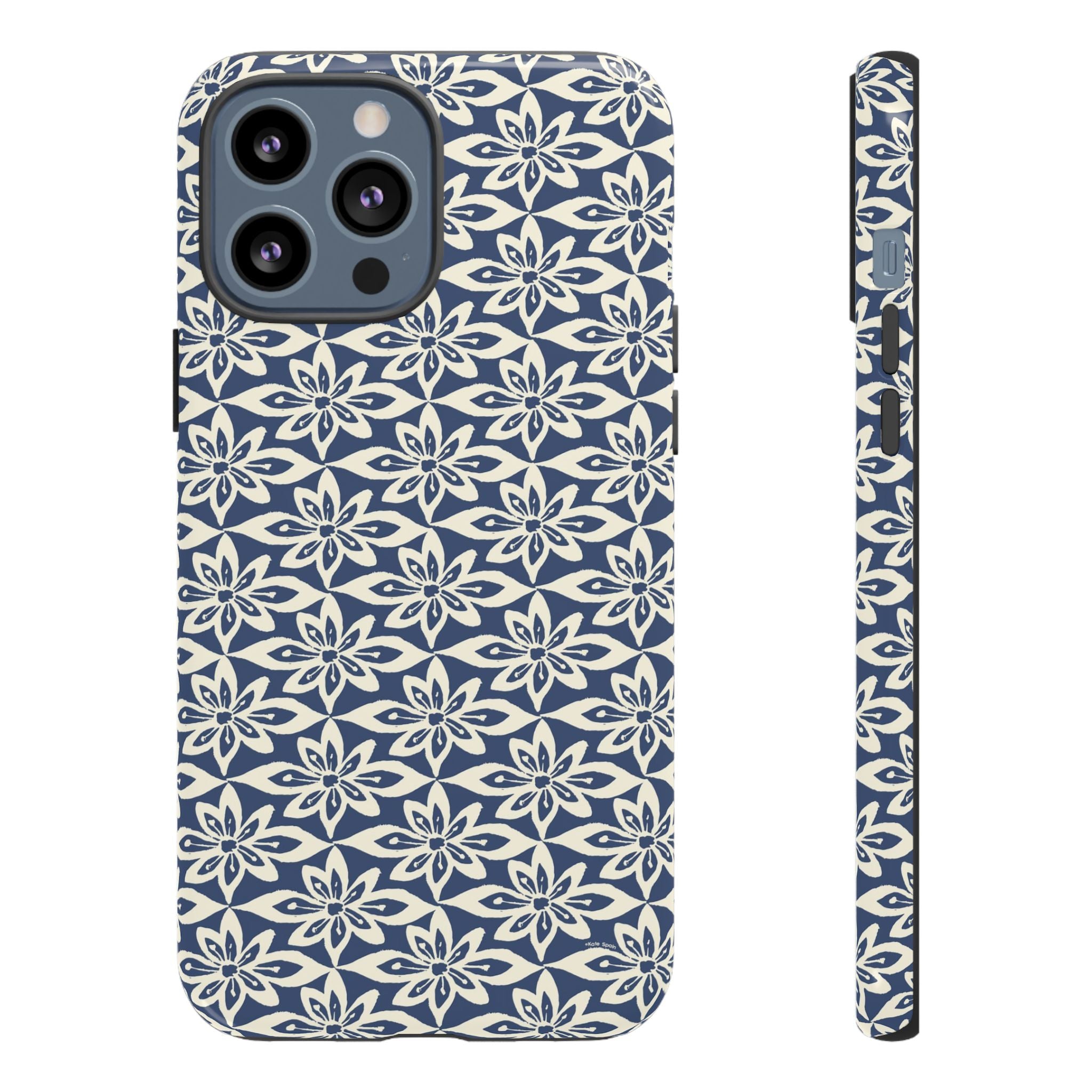 Lily Navy Blue iPhone 13 Pro Max Glossy case — geometric cream lily print on navy blue by Kate Spain