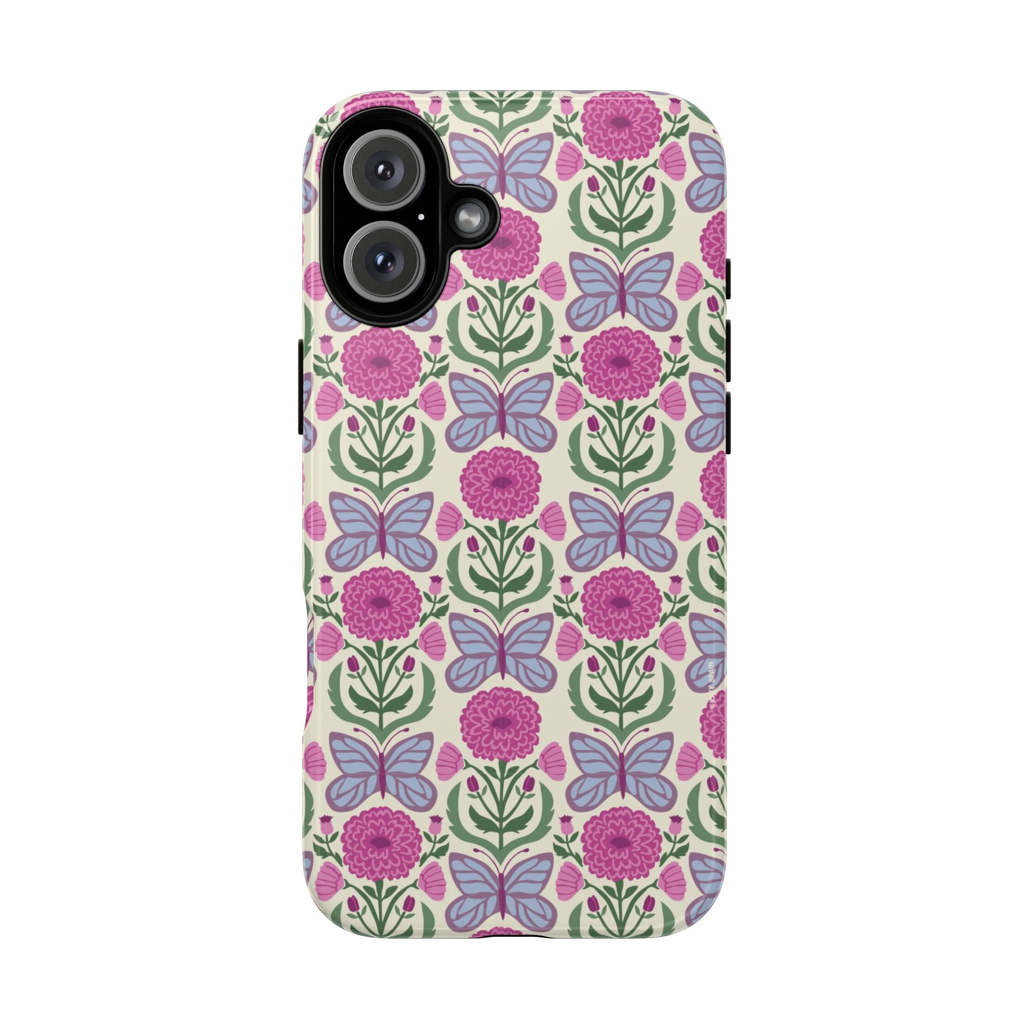 Butterfly Tough iPhone 16 Plus Case – Glossy | cream, magenta, periwinkle butterfly floral print