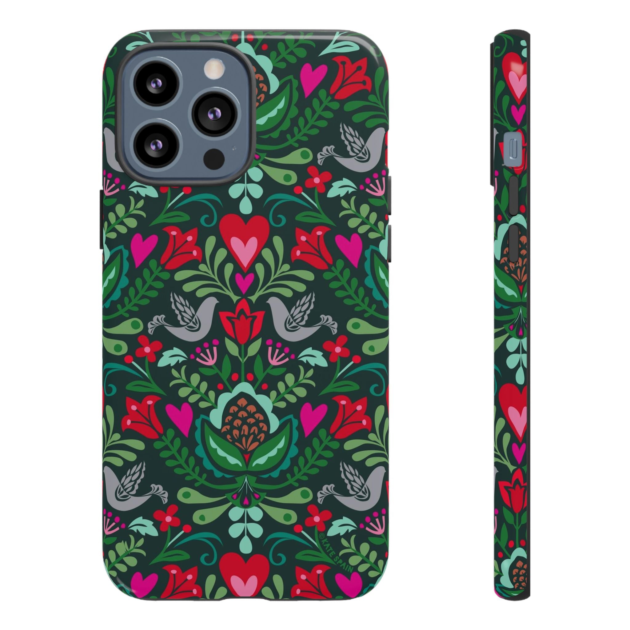 Rosemaling Tough iPhone 13 Pro Max Case – Glossy | dark green, red, pink, gray folk art floral bird print