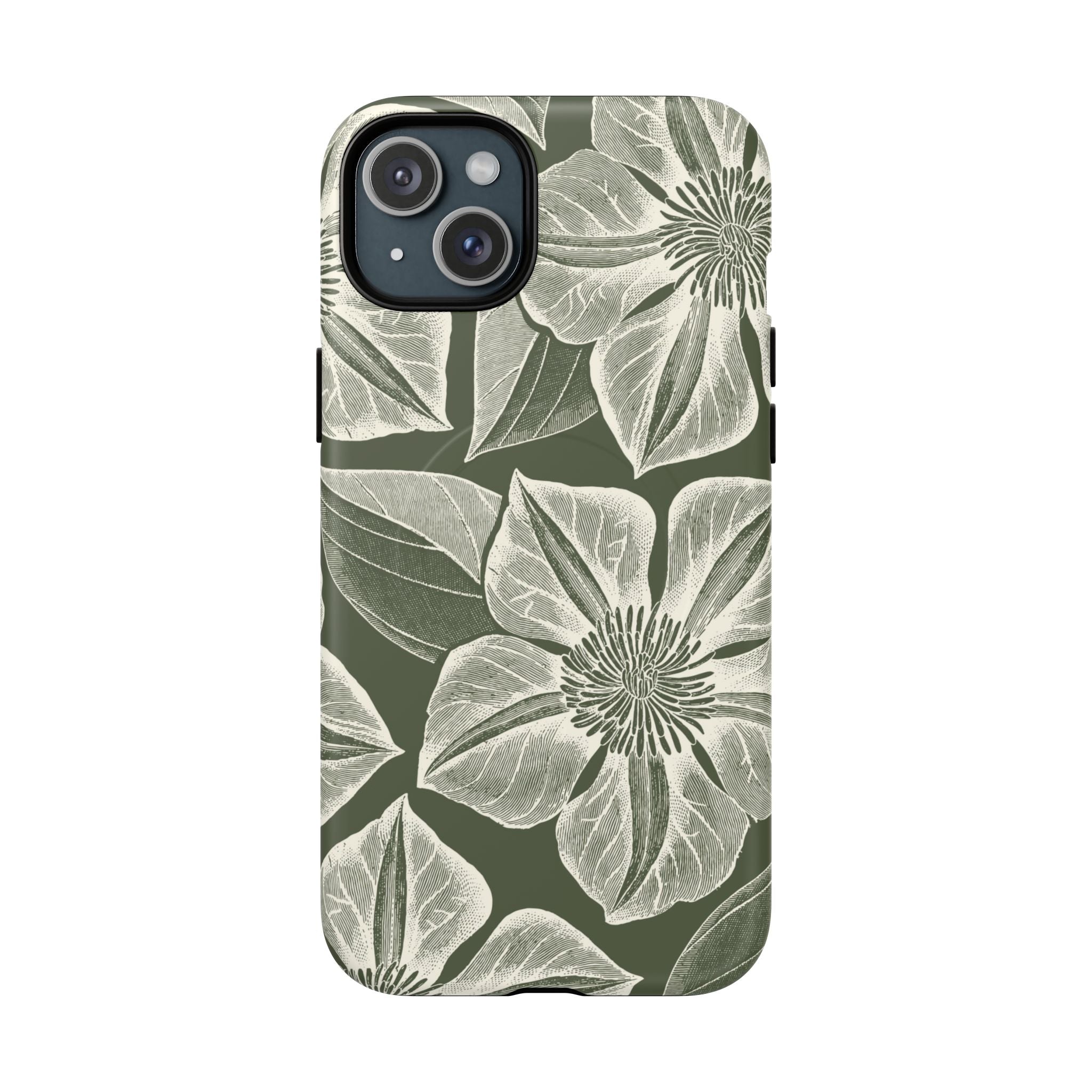Vintage Bloom Cypress MagSafe iPhone 15 Plus – Matte | cypress green ground, large-scale white clematis print, engraved petal detail, dual-layer protection