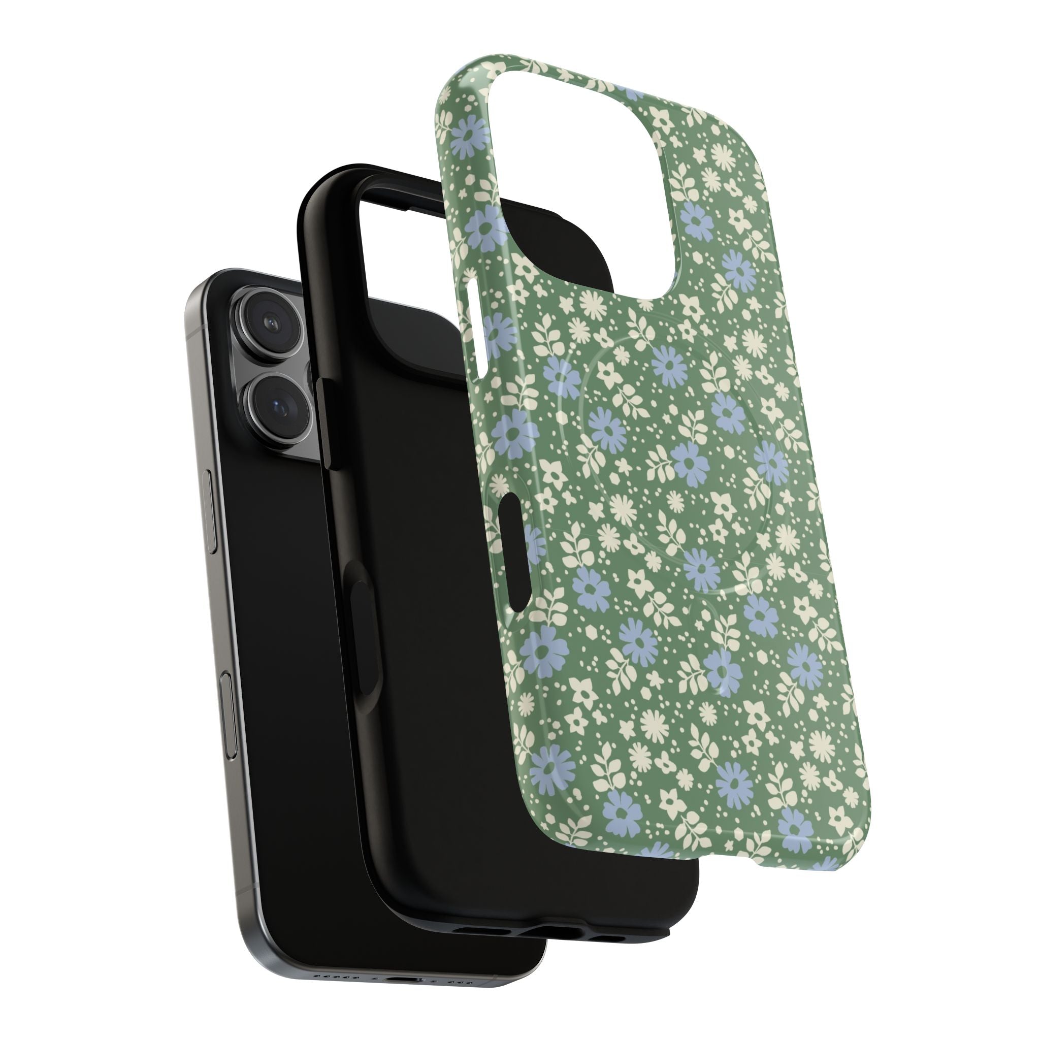 Petaline Green MagSafe iPhone 17 Case – Dual-layered view of case and inner lining in front of phone, with view of camera cutout and buttons | cream and periwinkle blue ditsy floral print on a sage green ground