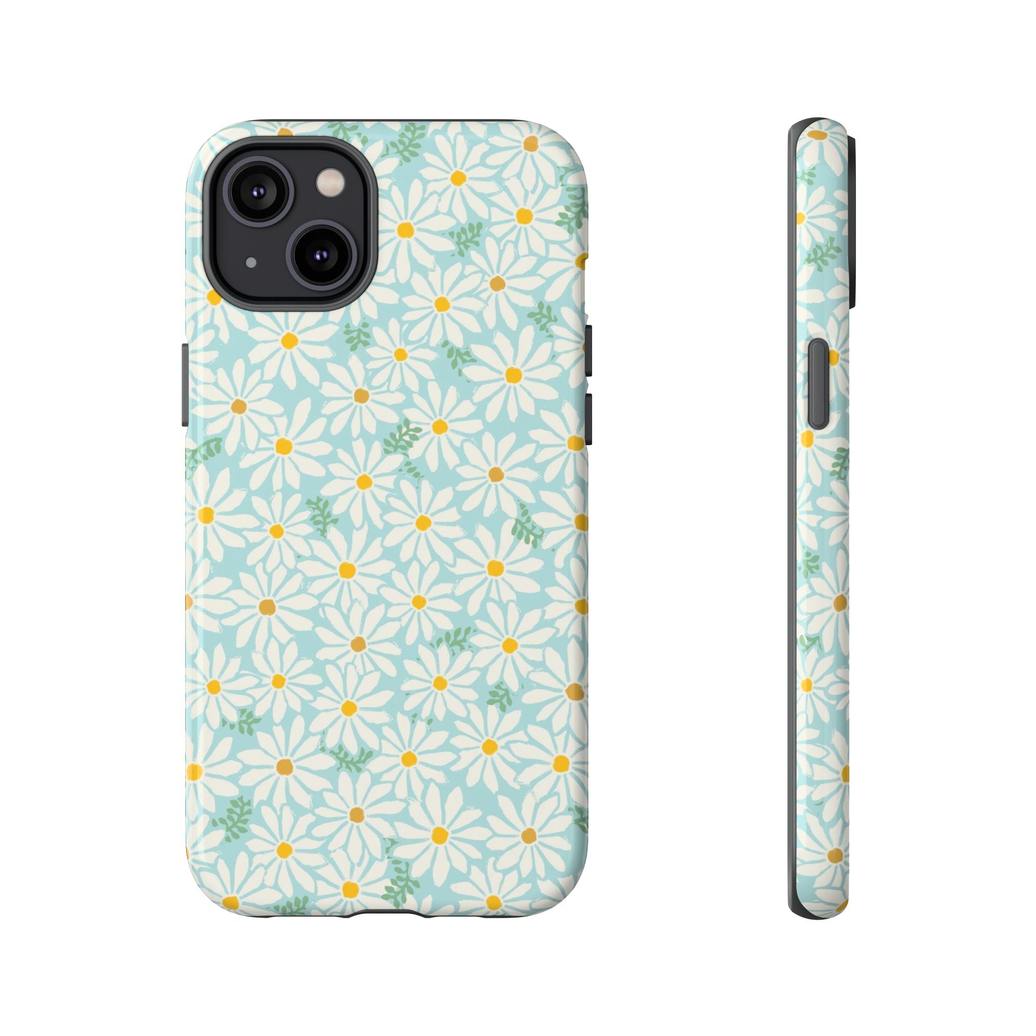 Daisies Tough iPhone 14 Plus Case – Glossy | sky blue, white daisy print, golden yellow centers, mint green leaves dual-layer protection