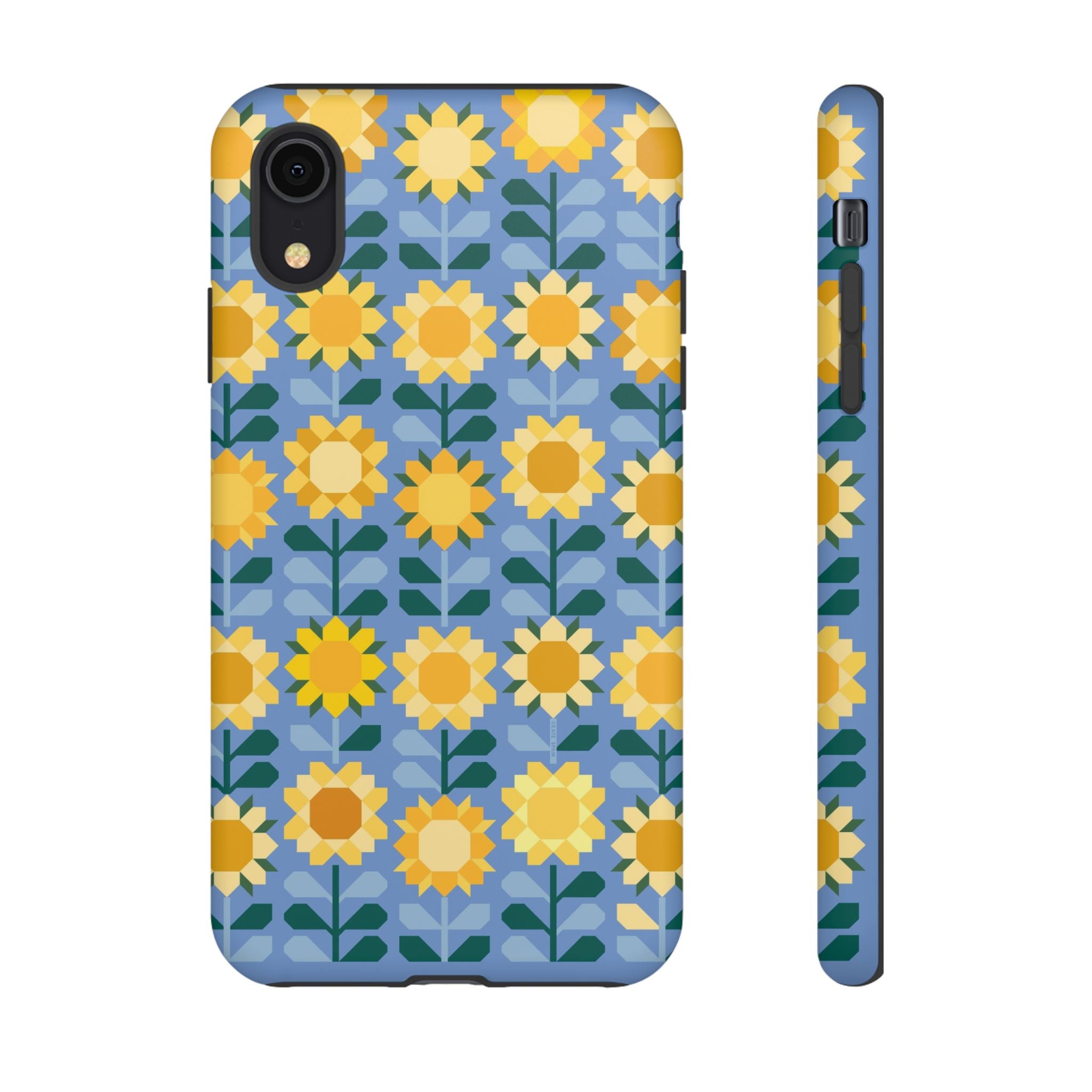 Sunflowers Tough iPhone XR Case – Matte | blue, yellow, gold geometric sunflower print