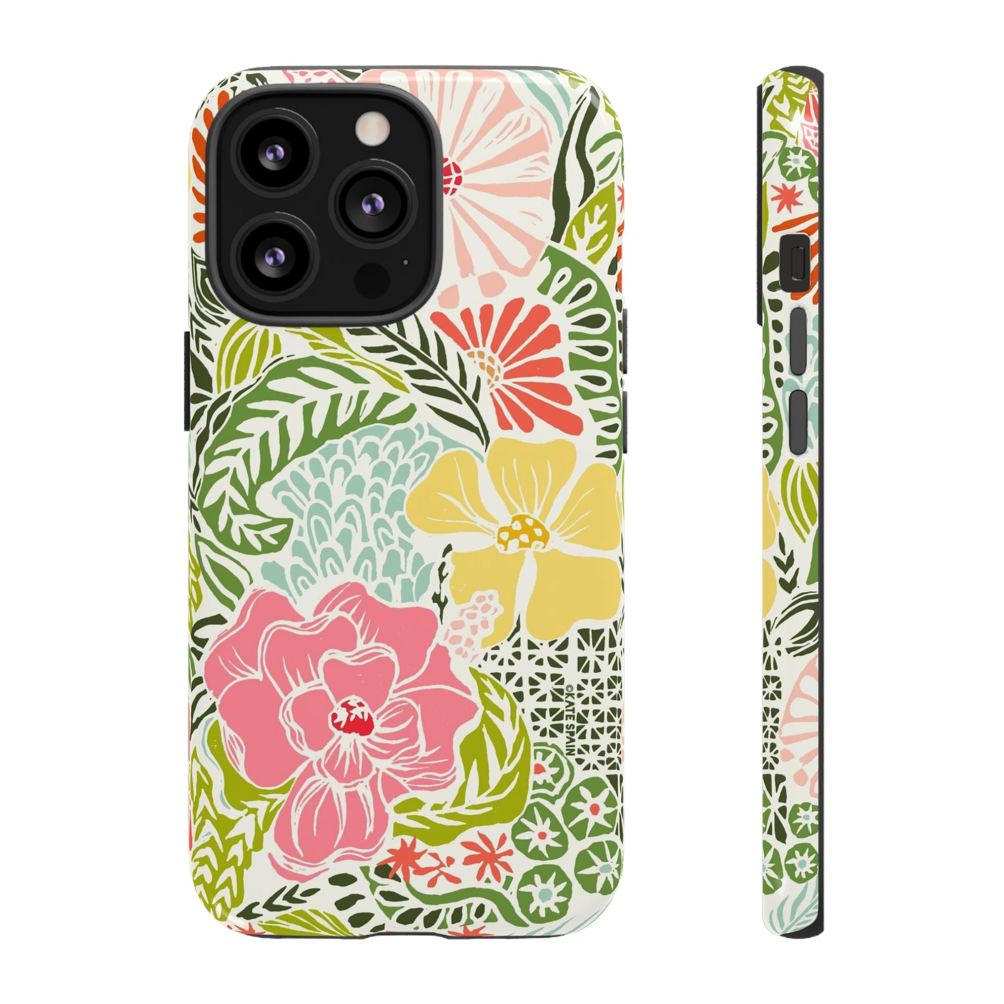 Tropica Tough iPhone 13 Pro Case – Glossy | cream, pink, yellow, blue botanical floral print