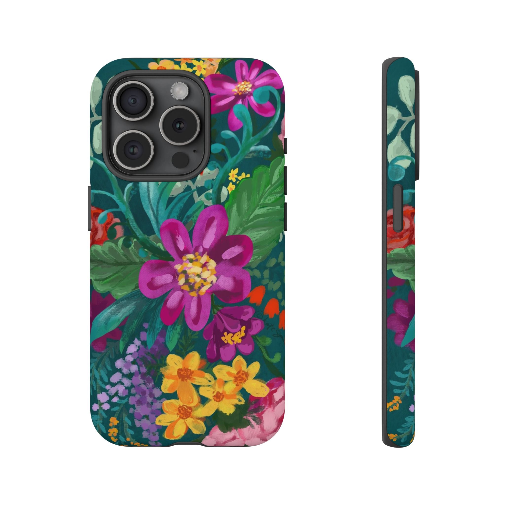 Posy Tough iPhone 15 Pro Case – Matte | teal, purple, magenta, yellow botanical wildflower print