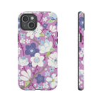 Purple Cherry Blossom Tough iPhone 15 Plus Case – Matte | mauve, purple, blue, white cherry blossom print