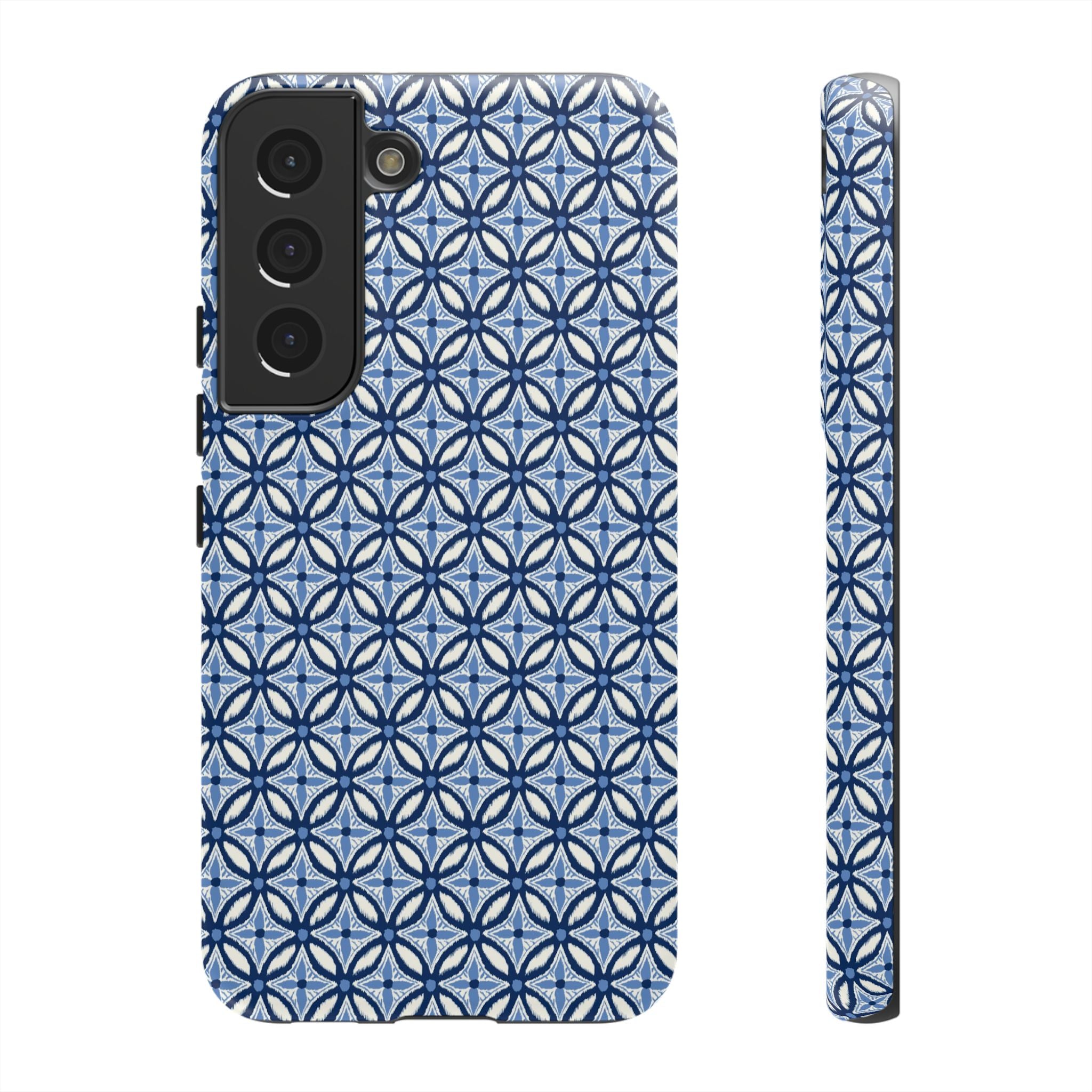 Light blue Samsung Galaxy case with navy and periwinkle ikat geometric pattern — botanical phone case by Kate Spain for Floriori