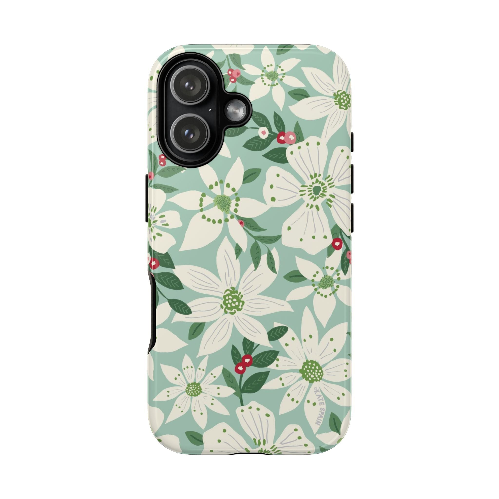 Gardenia Tough iPhone 17 Case – Glossy | light blue, white, green, red gardenia botanical print
