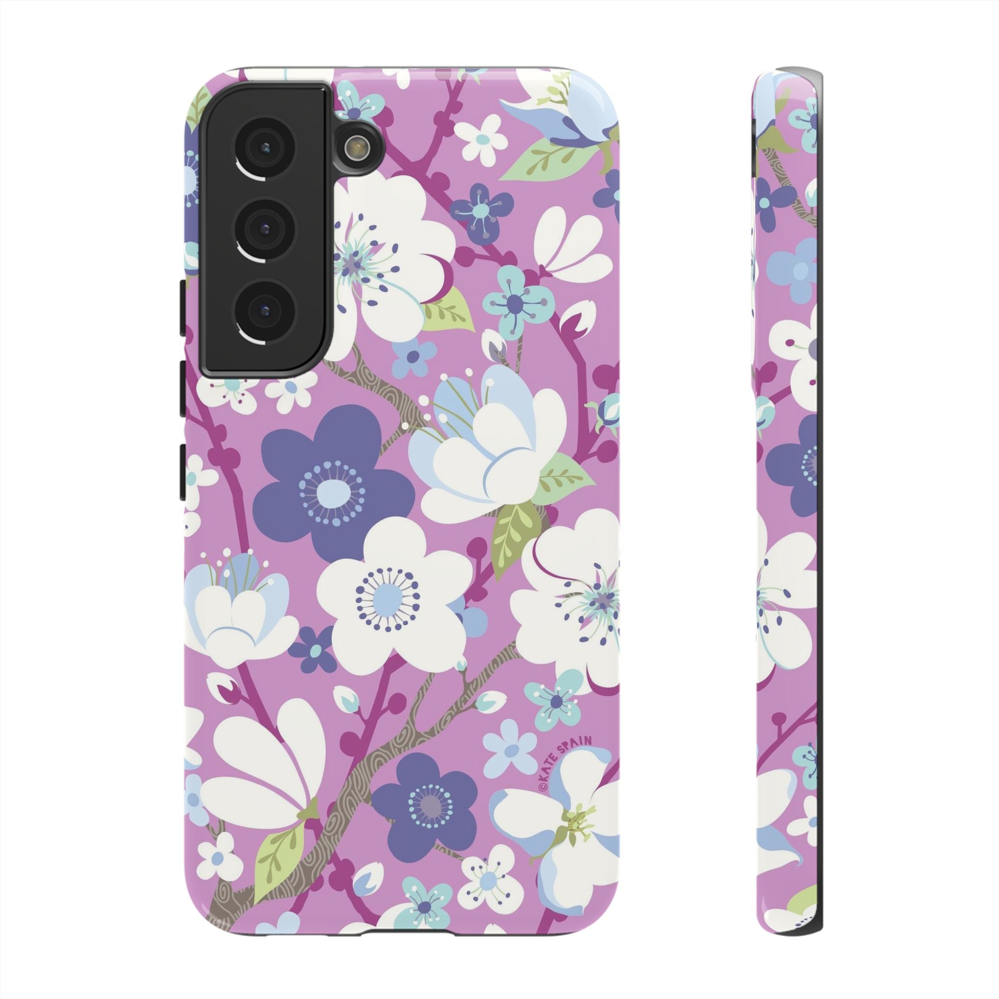 Cherry Blossom Samsung Galaxy S22 Case – Glossy | mauve, white, periwinkle cherry blossom floral print