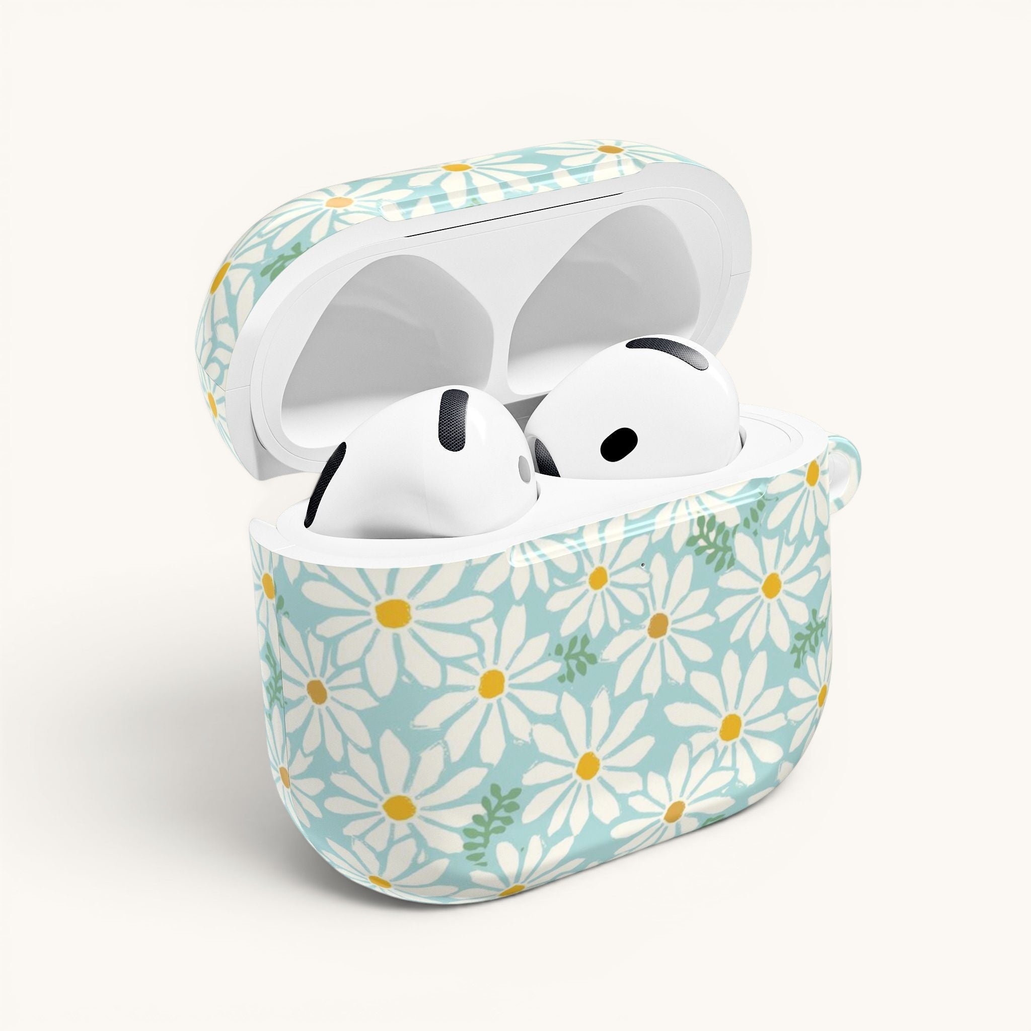 floriori Daisies AirPods Gen 4 case featuring summer white daisies with yellow centers on an aqua background with green leaves printed on glossy polycarbonate shell. Open with earbuds.