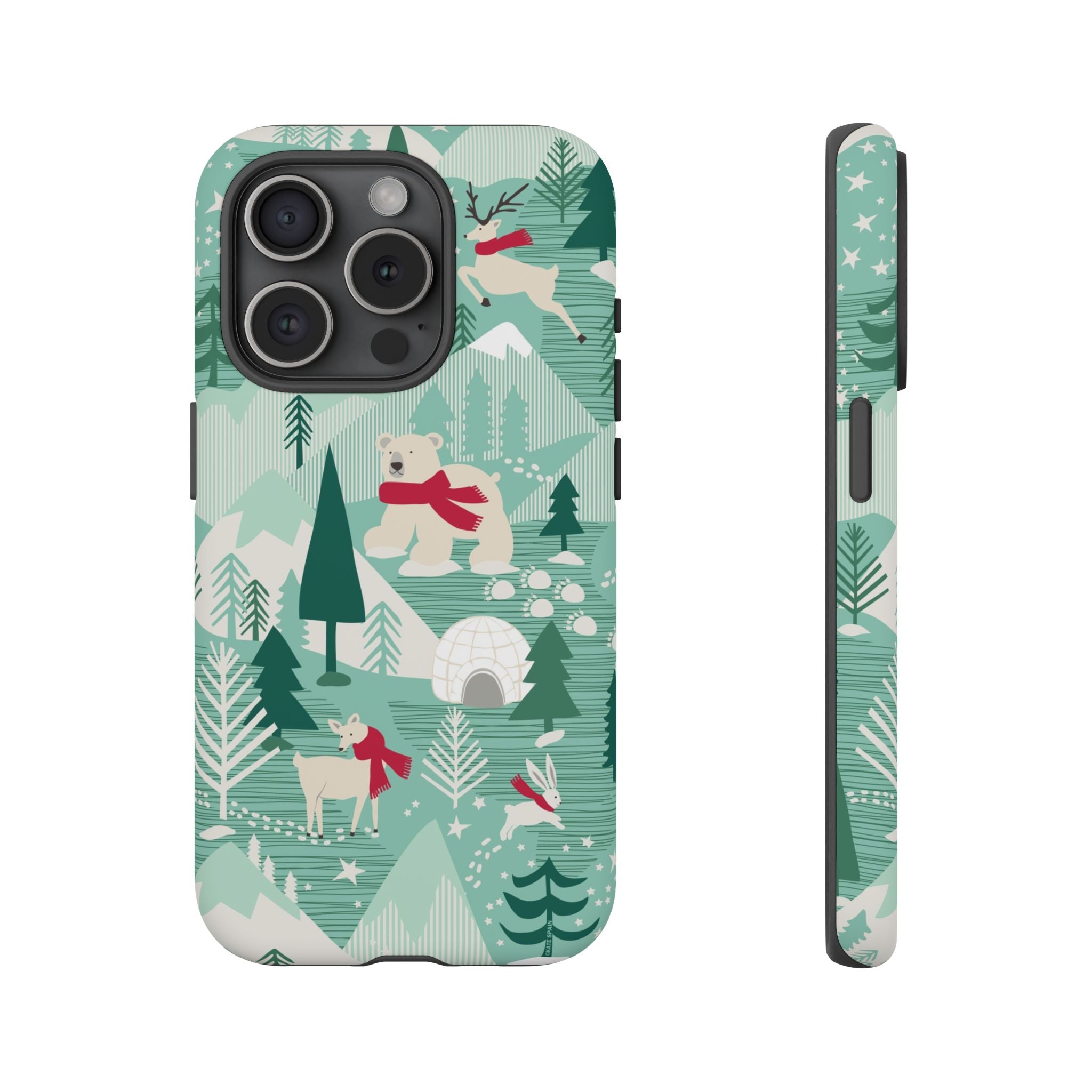 Arctica Winter Tough iPhone 15 Pro Case – Matte | aqua, evergreen, white, animal frolic winter wonderland print