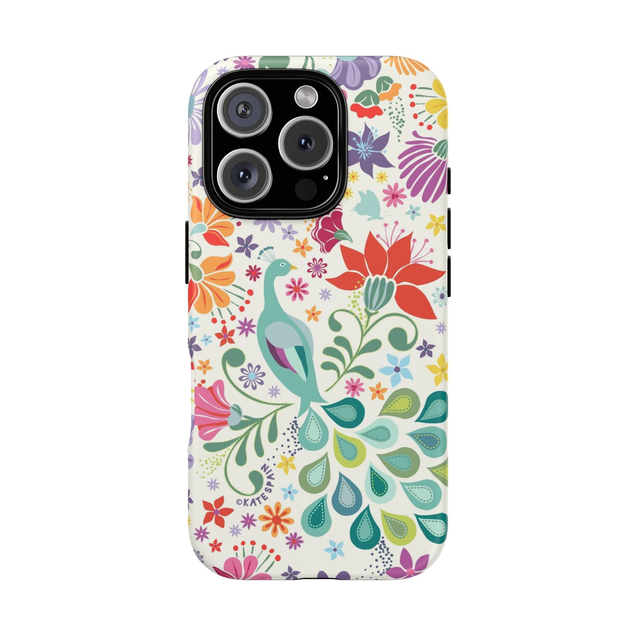 Peacock Sanctuary Tough iPhone 16 Pro Case – Glossy | white, teal, coral multicolor vibrant peacock feather botanical print