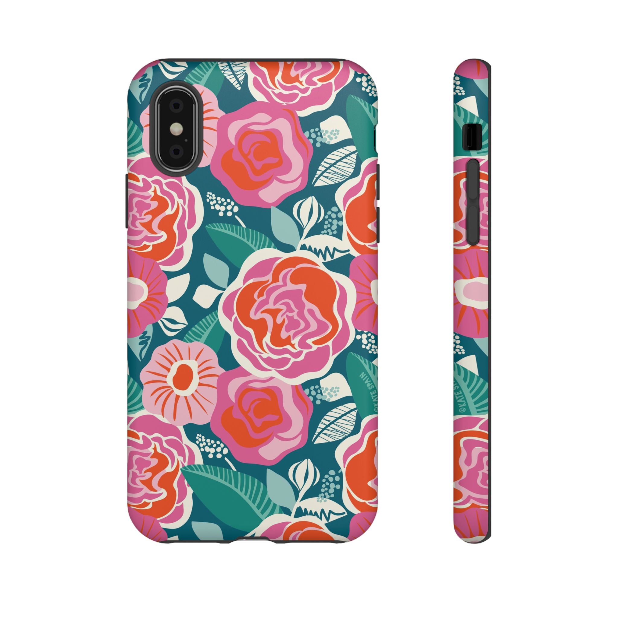 Tea Rose Teal Tough iPhone XS Case – Matte | teal, coral, pink botanical rose floral print