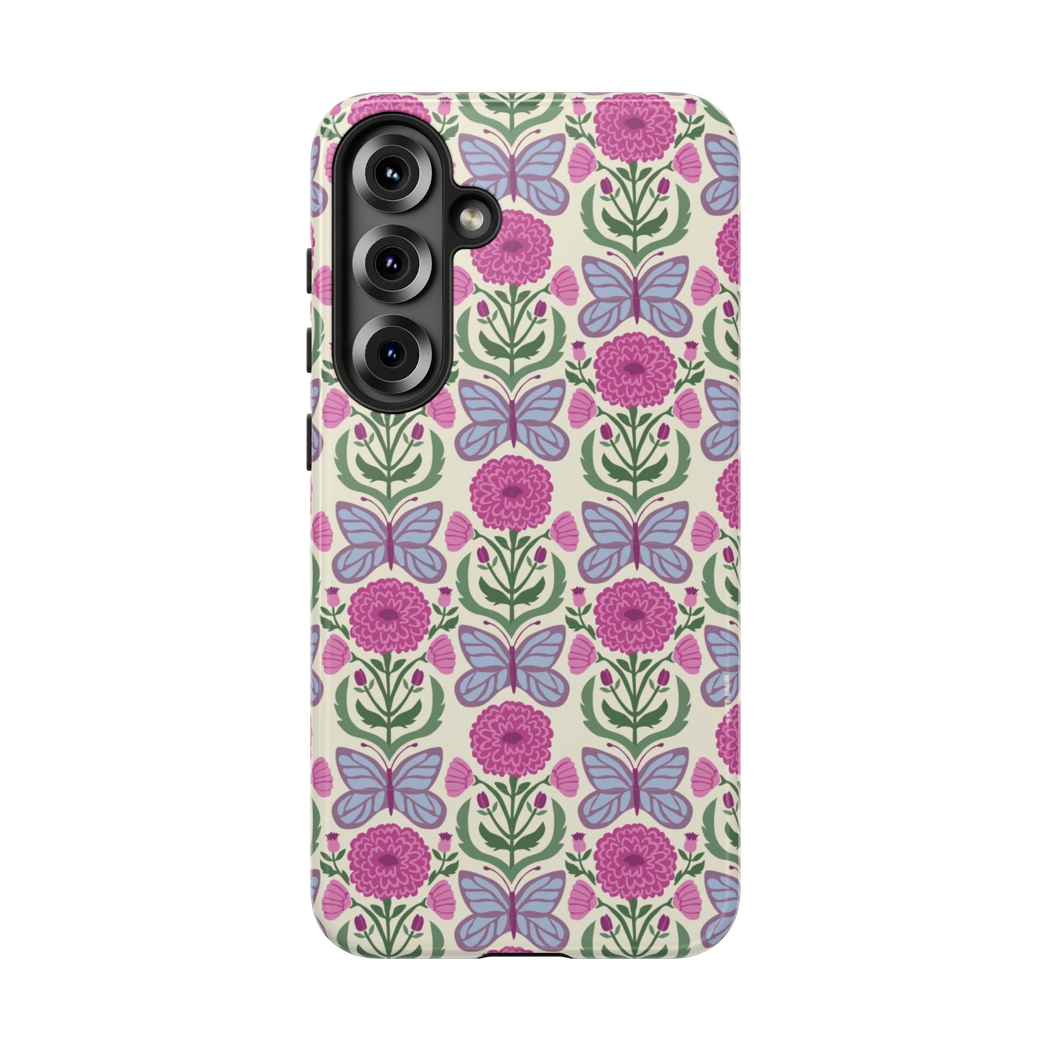 Luxury Butterfly Samsung Galaxy S25 Plus Case – Glossy | cream, magenta, periwinkle butterfly floral print