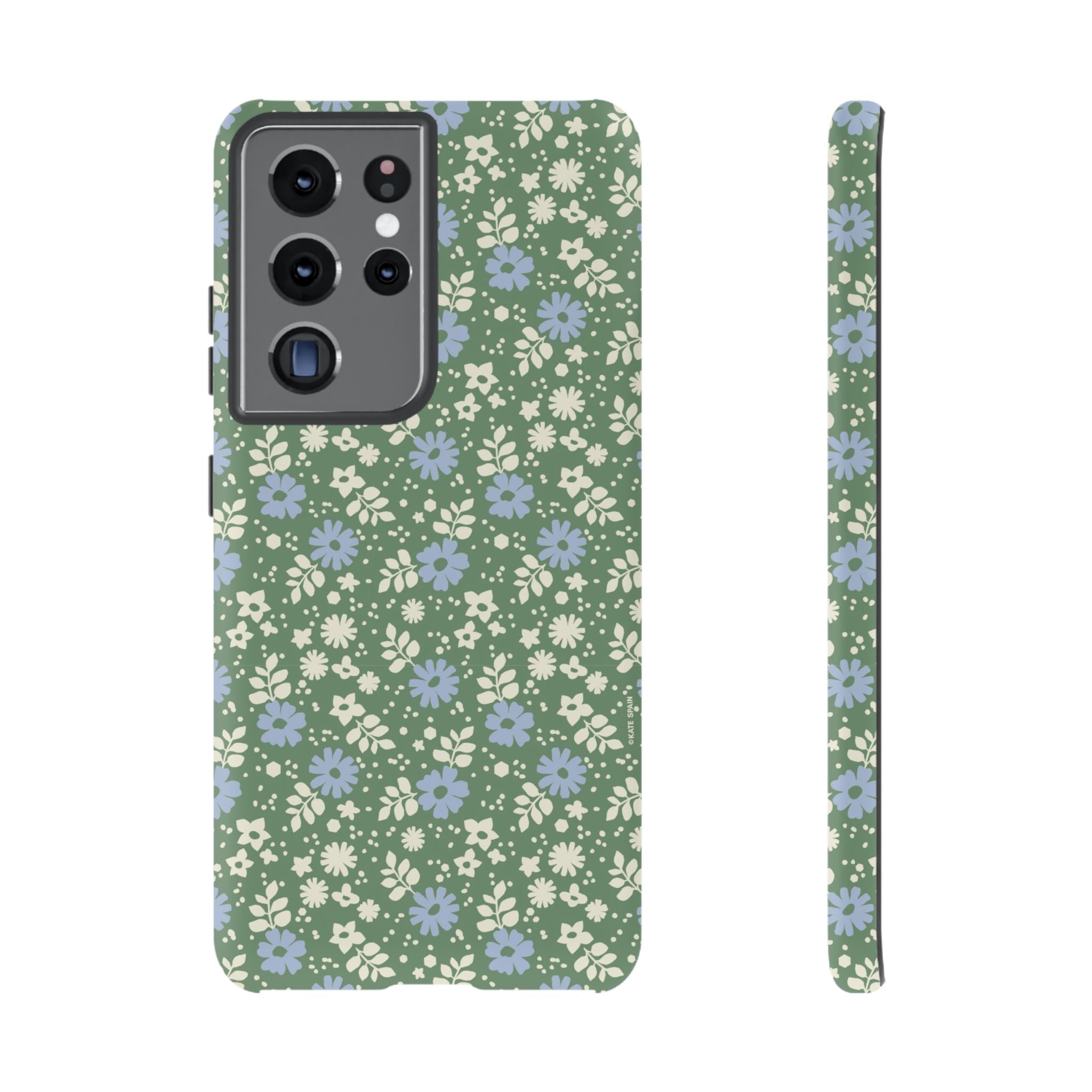 Cottage Core Cute Petaline Samsung Galaxy S21 Ultra Case – Matte | green background with white and blue ditsy florals