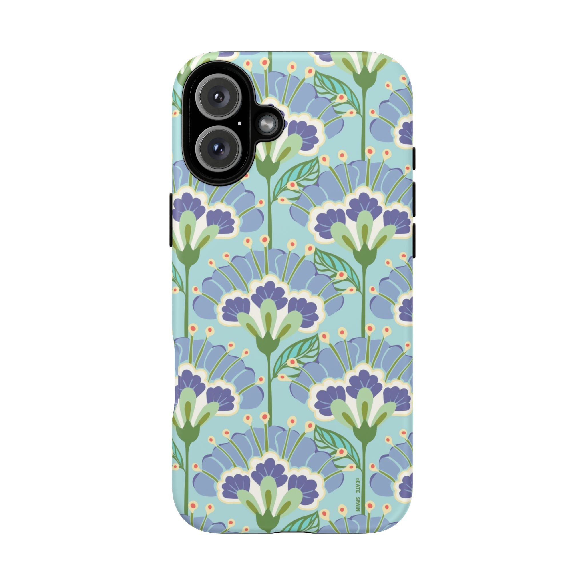 Lantern Flower Tough iPhone 16 Case – Matte | aqua, periwinkle, green botanical lantern floral print