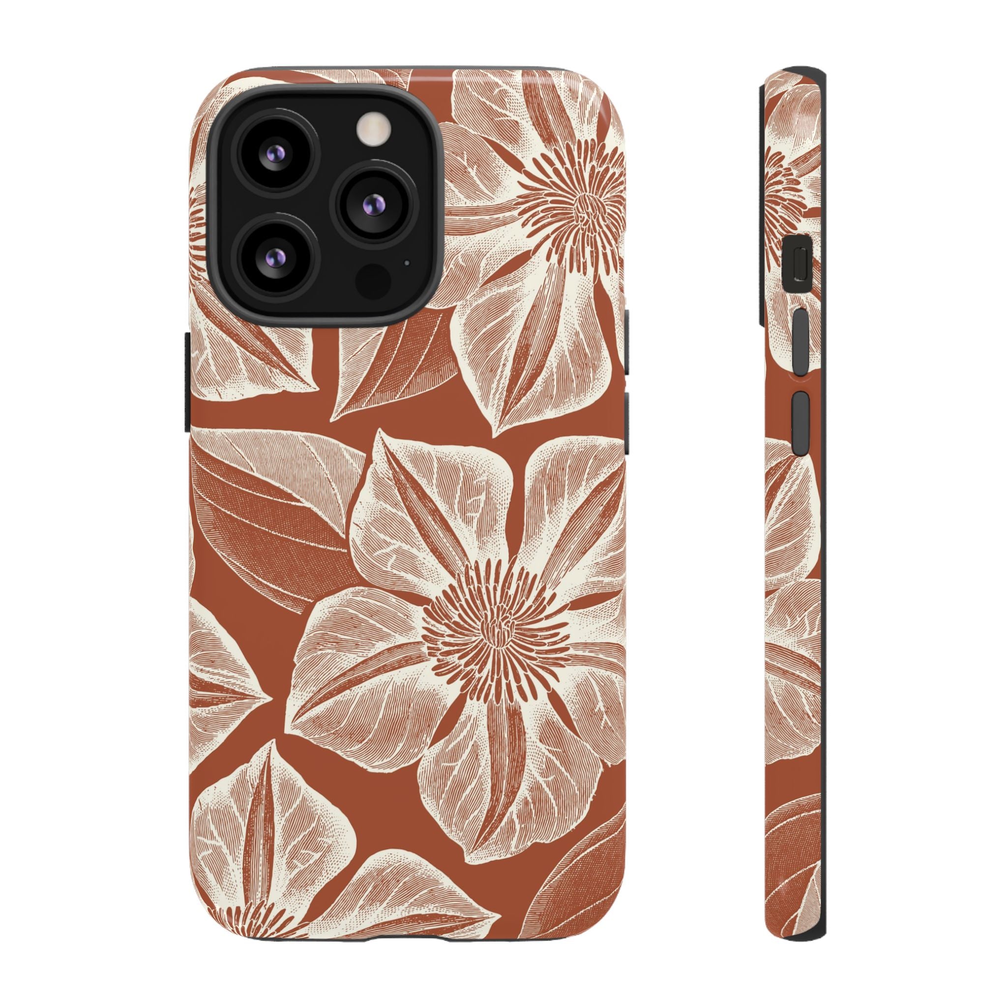 Vintage Bloom Sienna iPhone 13 Pro case – Glossy | sienna ground, large-scale cream clematis print, engraved petal detail, dual-layer protection