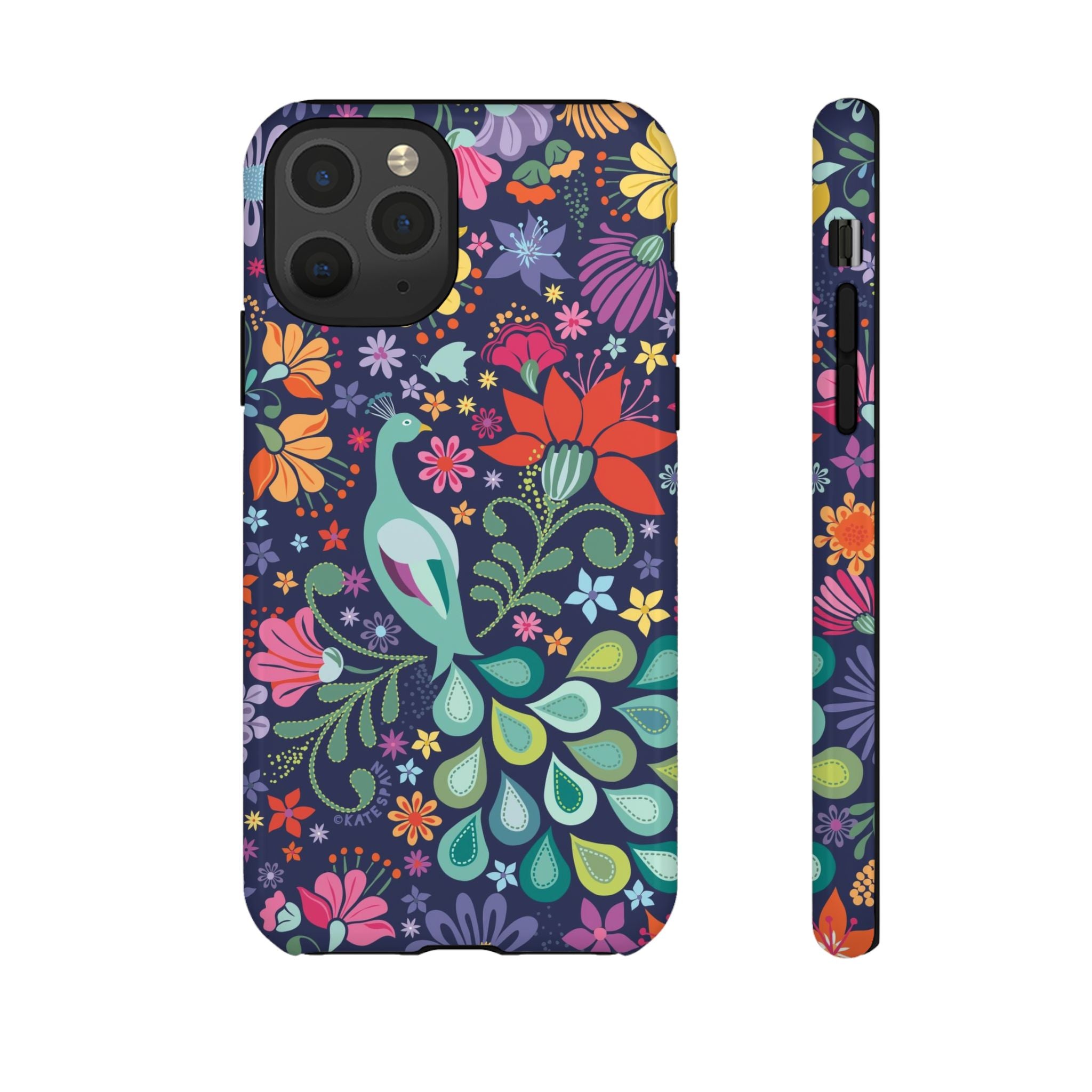 Peacock Sanctuary Tough iPhone 11 Pro Case – Glossy | navy, teal, coral multicolor vibrant peacock feather botanical print