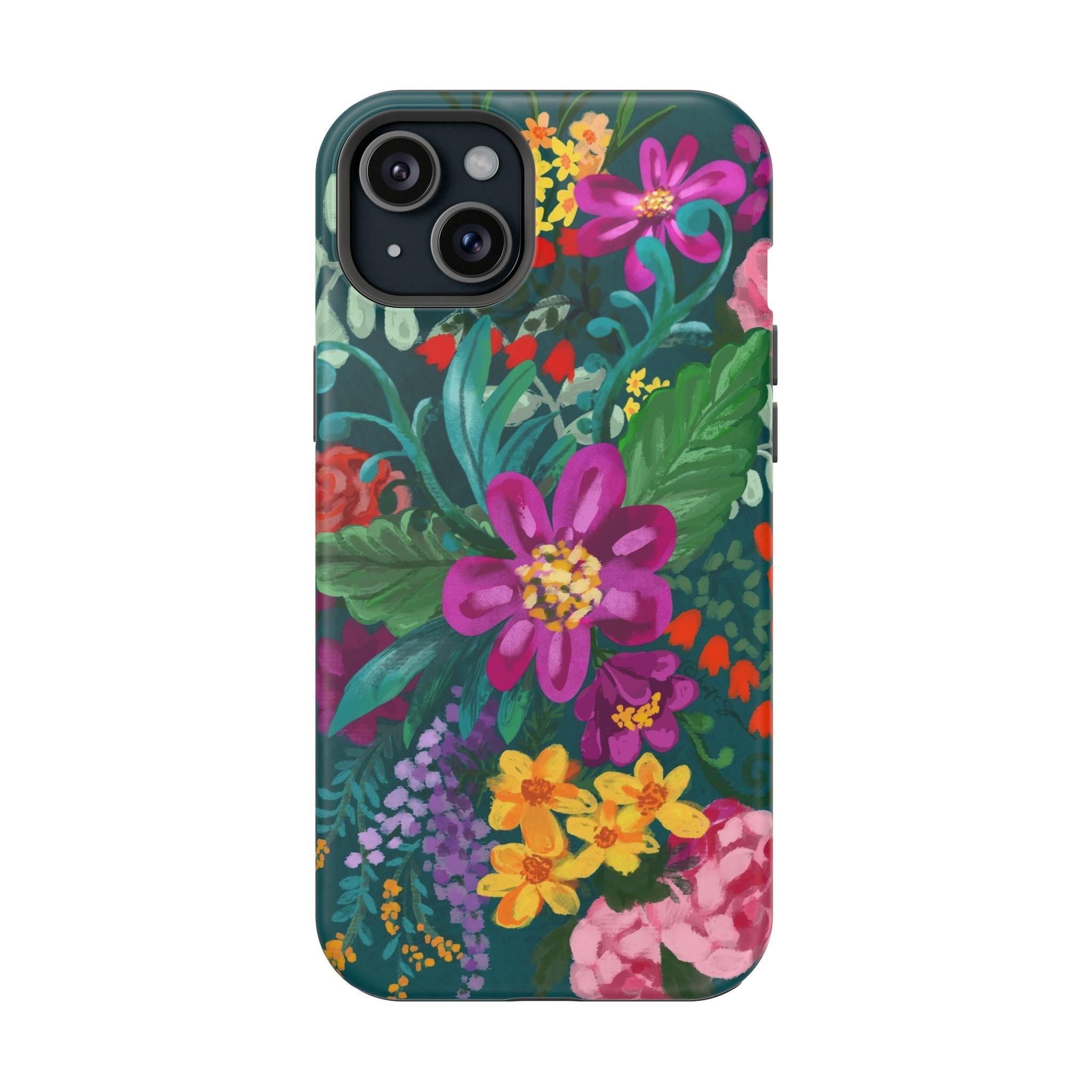 Posy MagSafe iPhone 15 Plus Case – Matte | teal, magenta, yellow, pink vibrant botanical floral print