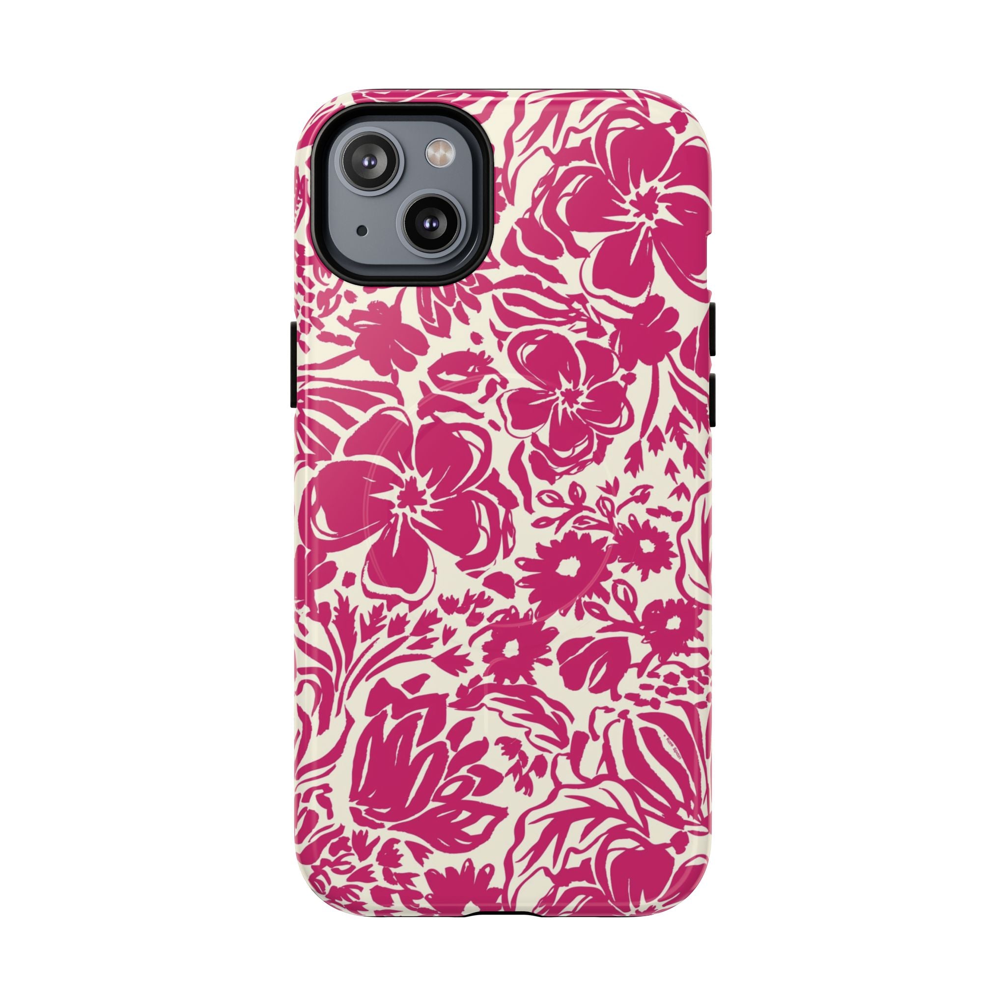 Rhapsody Bright Pink MagSafe iPhone 14 Plus Glossy case — bold magenta floral print on cream by Kate Spain