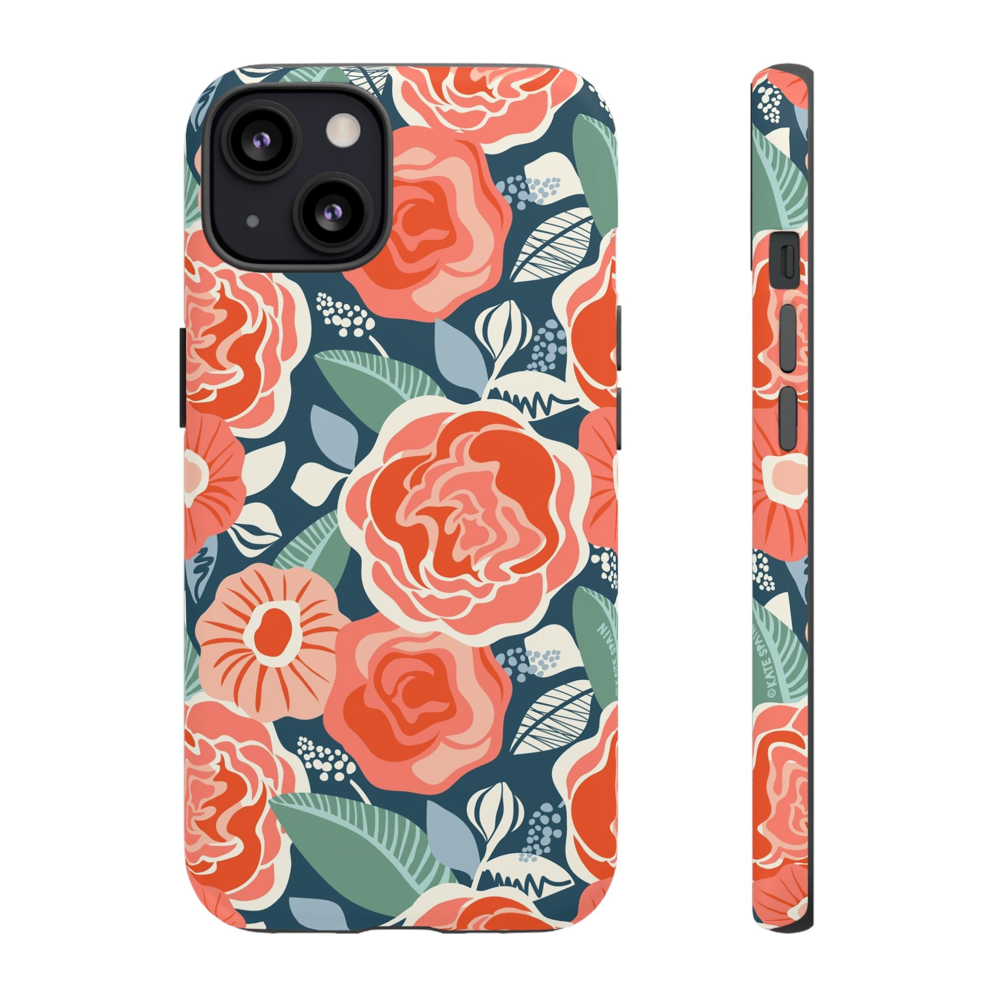 Tea Rose Navy Tough iPhone 13 Mini Case – Glossy | navy, coral, pink, cream rose floral print