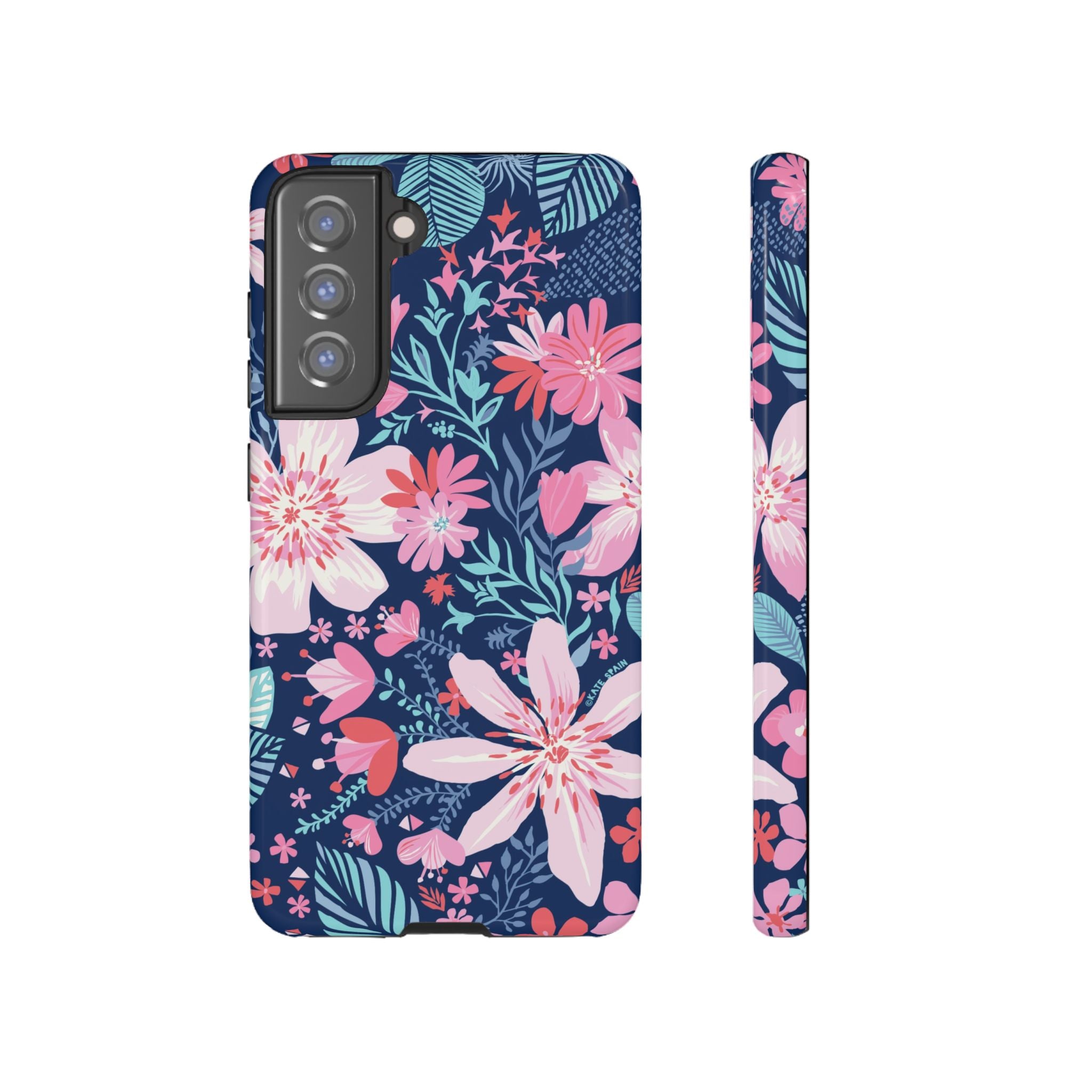 Tropical Bonaire Samsung Galaxy S21 FE Case – Glossy | navy, pink, white tropical floral botanical print