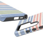 Cabana Stripe Pastel Samsung Galaxy S26 Ultra Case – Glossy two duplicate cases showing ports, camera cutout space, and buttons | soft blue, coral, sage green chambray-textured stripe print dual-layer protection