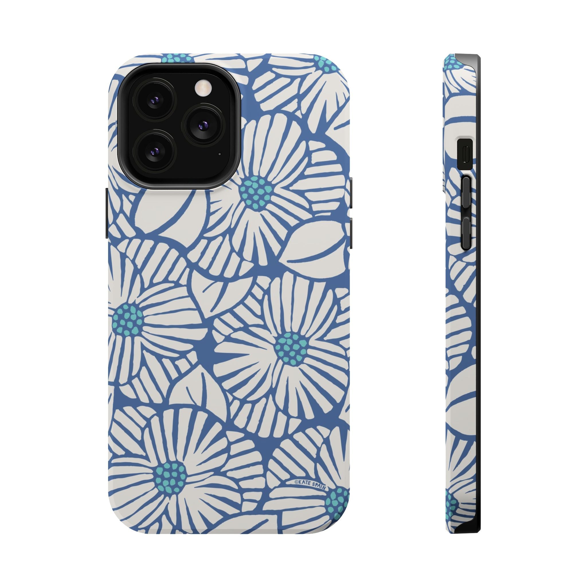 Calendula MagSafe iPhone 15 Case – Glossy | slate blue, cream, teal kimono botanical print