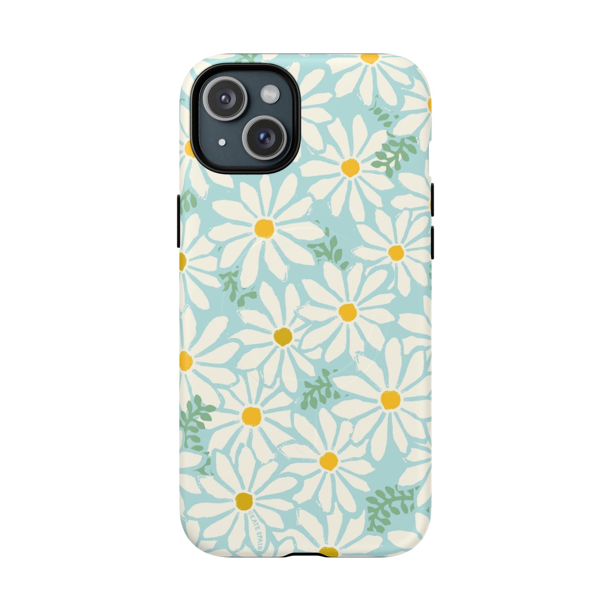 Daisies MagSafe iPhone 15 Plus Case – Matte | mint, white, yellow botanical daisy floral print