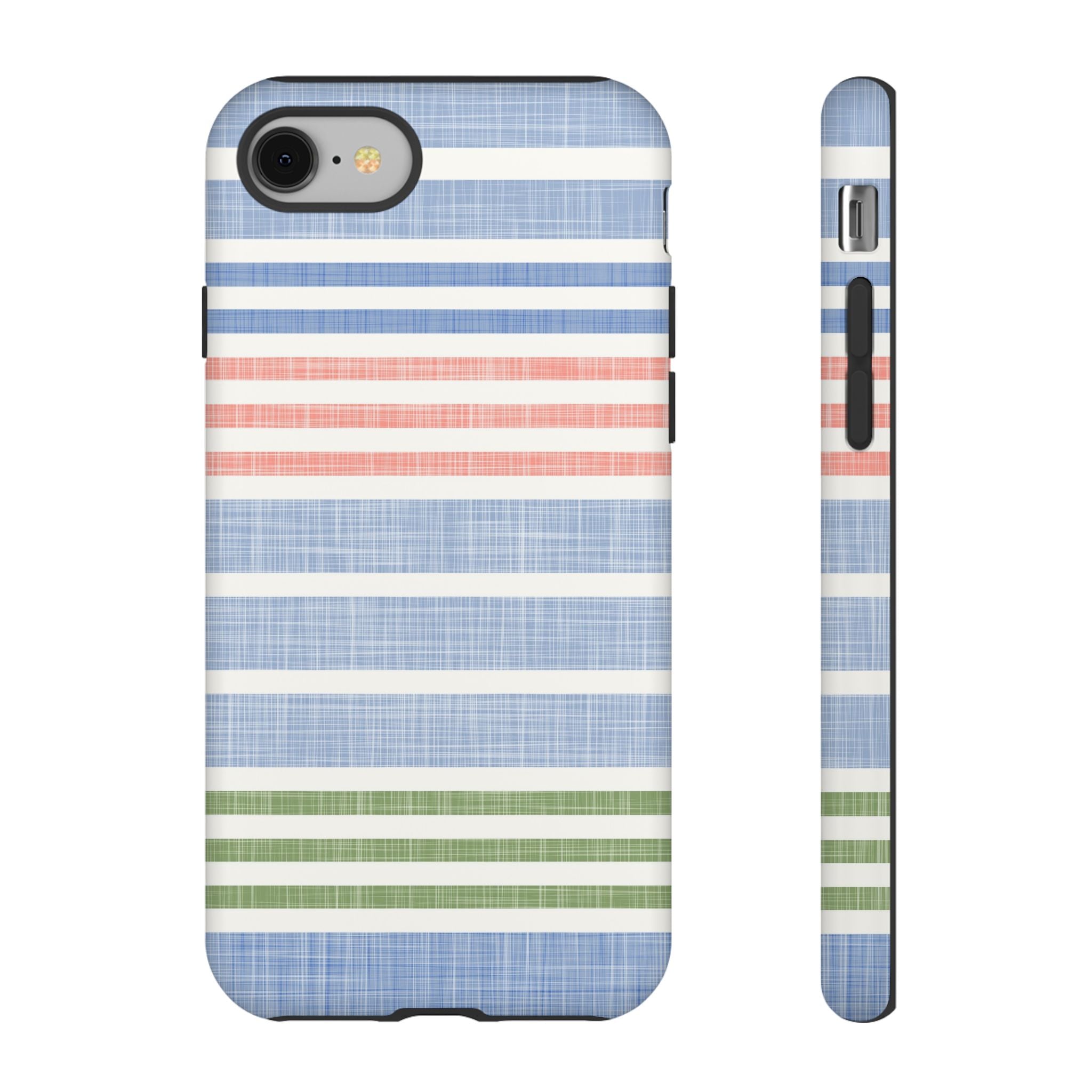 Cabana Stripe Pastel Tough iPhone 8 Case – Matte | soft blue, coral, sage green chambray-textured stripe print dual-layer protection