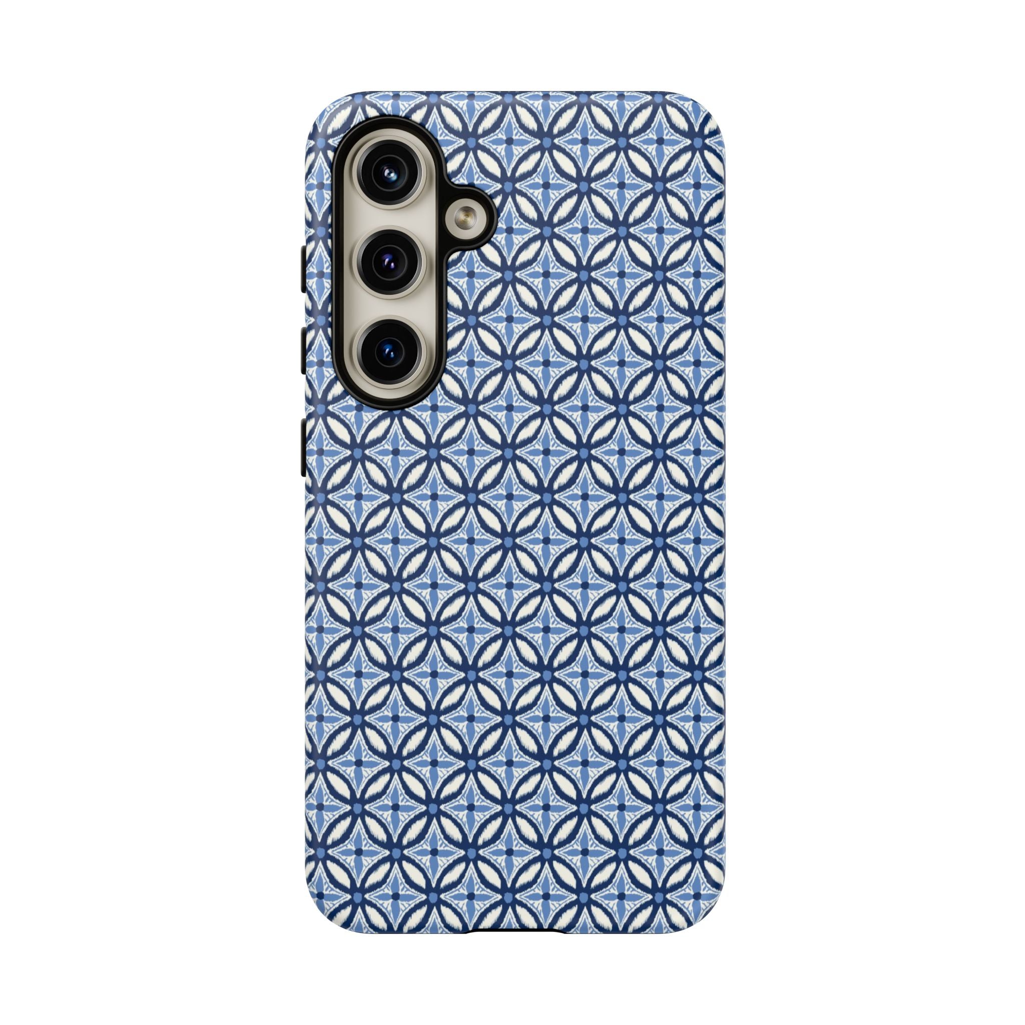 Light blue Samsung Galaxy case with navy and periwinkle ikat geometric pattern — botanical phone case by Kate Spain for Floriori