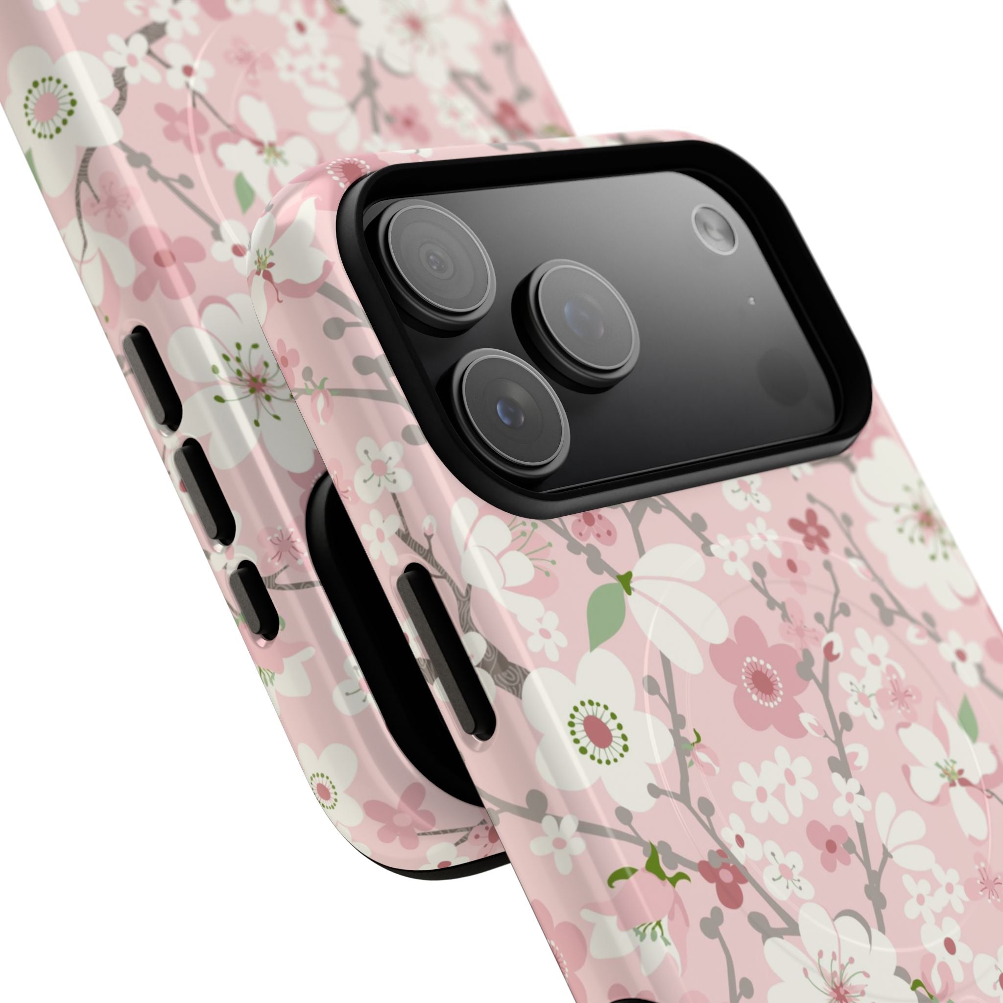 Pink Cherry Blossom MagSafe iPhone 17 Pro Max Glossy Case – lifestyle angled view of button, ports, and camera cutout | soft pink, white, sage cherry blossom floral print