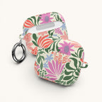 AirPods Gen 4 case – Glossy | coral, fuchsia, periwinkle, and sage green botanical blooms on cream ground — side view with keychain ring attached
