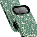 Designer Dragonfly MagSafe iPhone 17 Air Case – detail view of lens and camera | jade green, aqua, cream dragonfly print